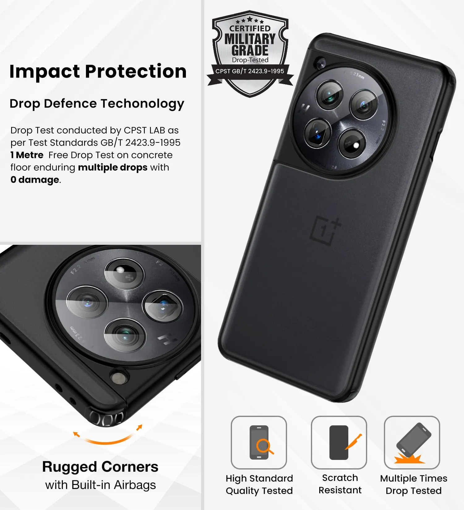 Rugged Frosted Semi Transparent PC Shock Proof Slim Back Cover for OnePlus 12 5G, 6.82 inch, Black