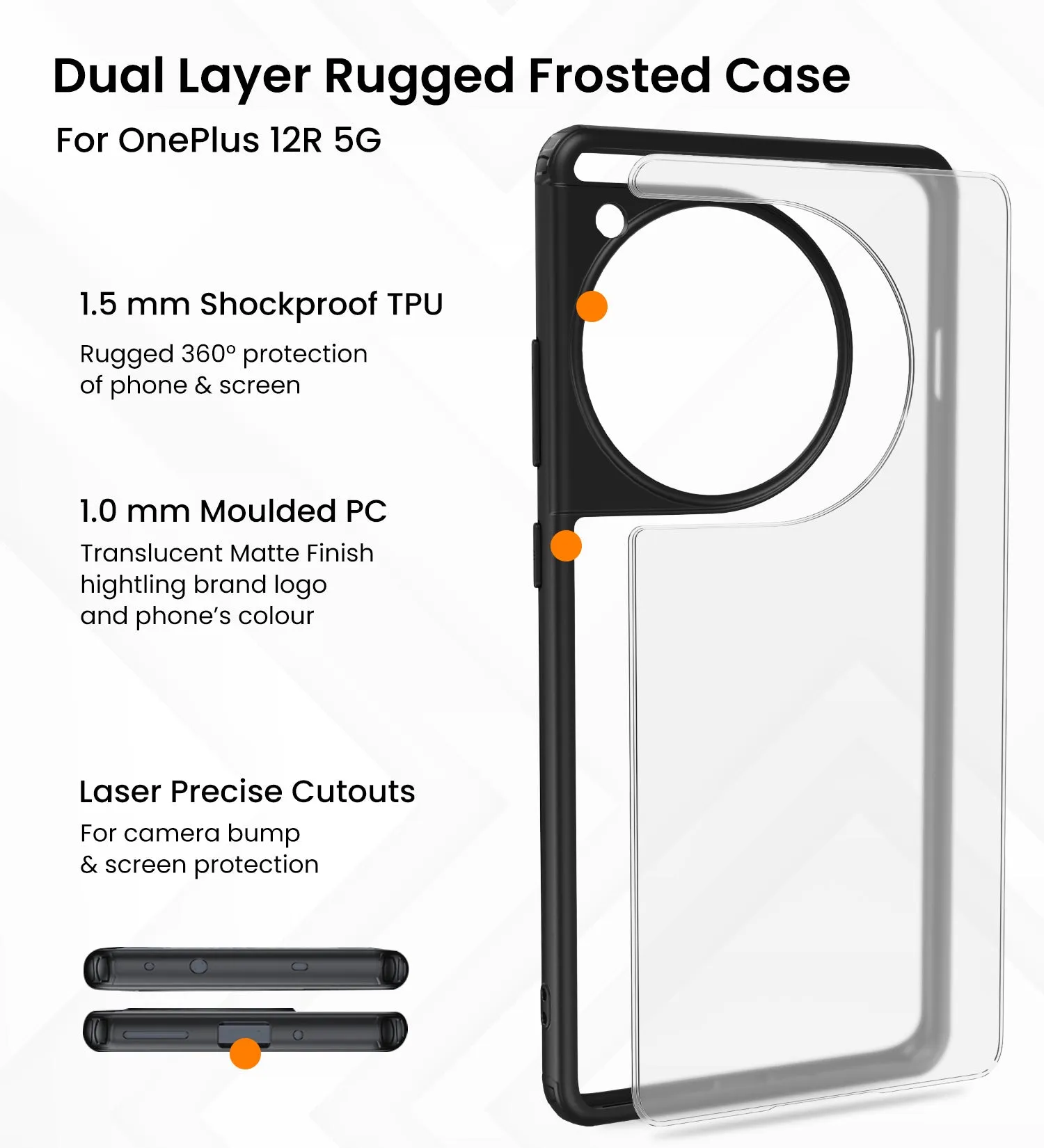 Rugged Frosted Semi Transparent PC Shock Proof Slim Back Cover for OnePlus 12R 5G, 6.78 inch, Black