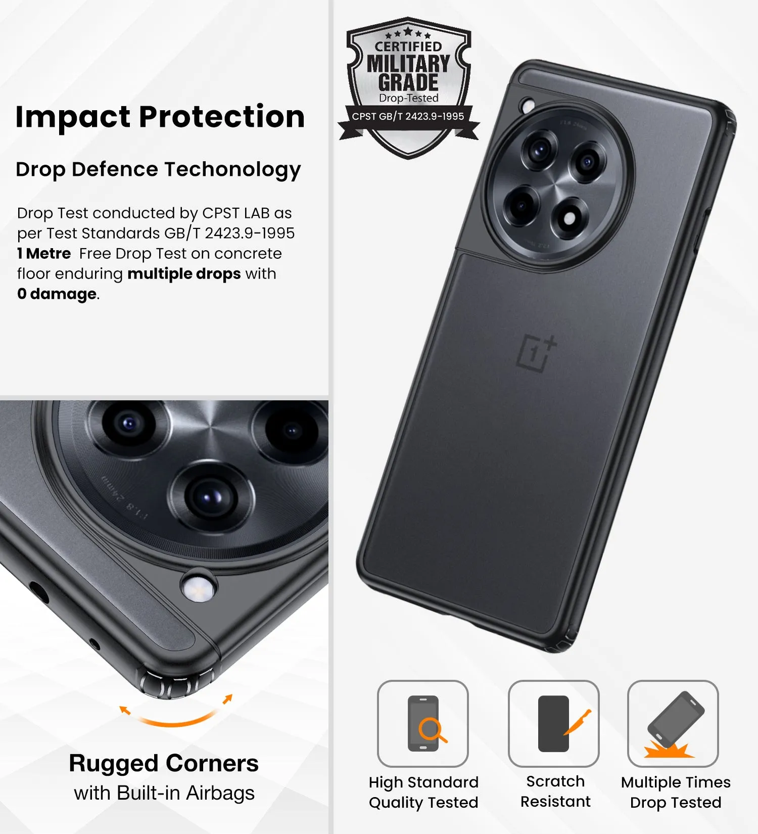 Rugged Frosted Semi Transparent PC Shock Proof Slim Back Cover for OnePlus 12R 5G, 6.78 inch, Black