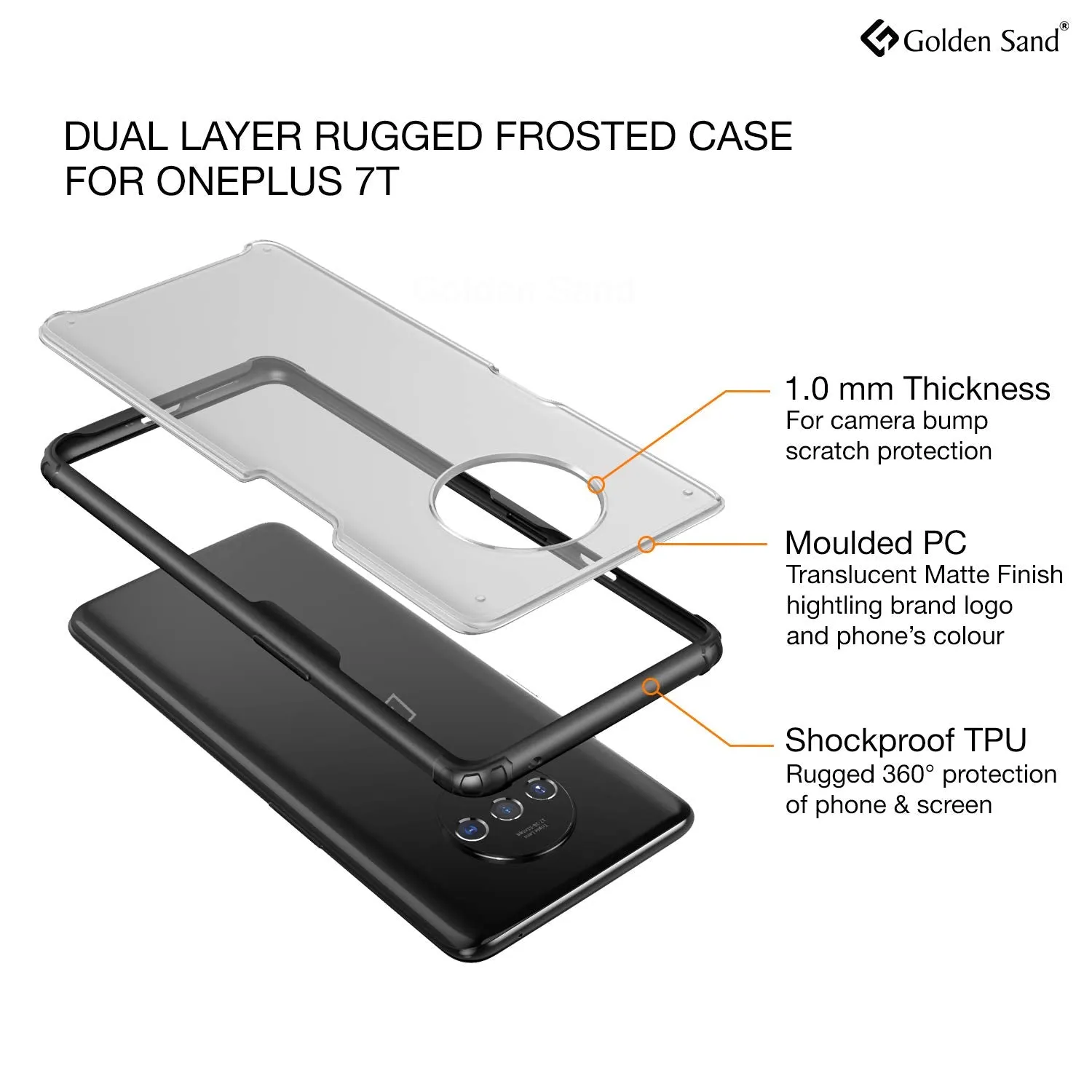 Rugged Frosted Semi Transparent PC Shock Proof Slim Back Cover for OnePlus 7T, 6.55 inch, Black