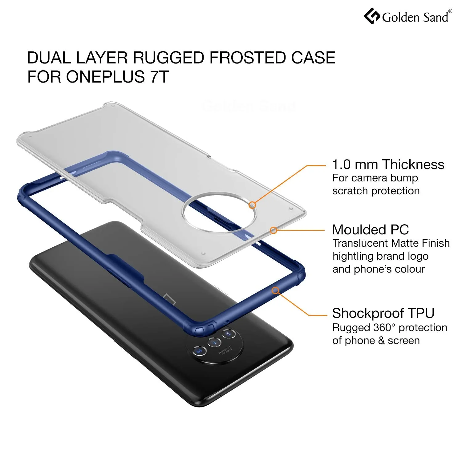Rugged Frosted Semi Transparent PC Shock Proof Slim Back Cover for OnePlus 7T, 6.55 inch, Blue