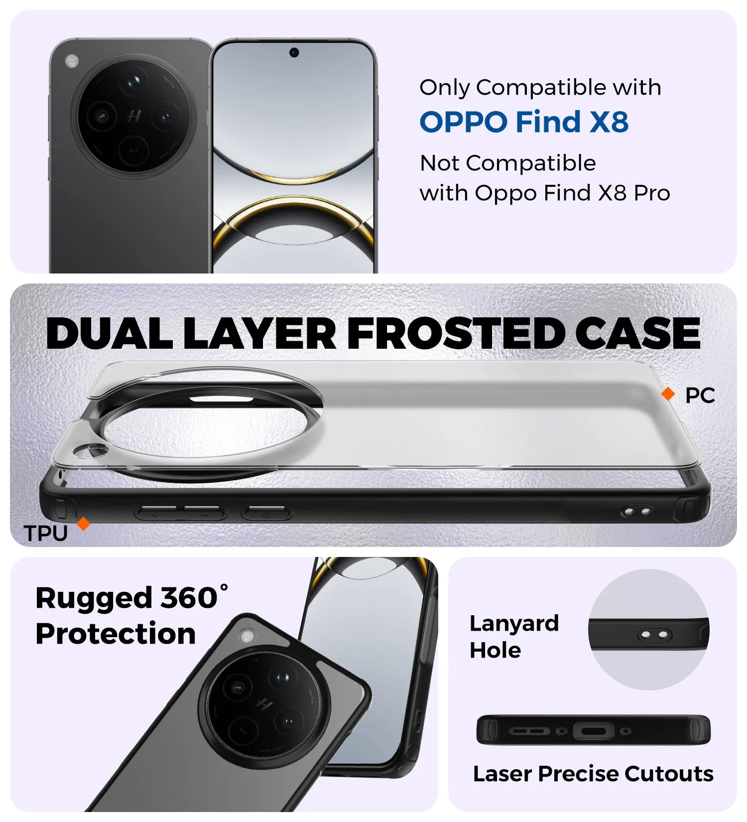 Rugged Frosted Semi Transparent PC Shock Proof Slim Back Cover for Oppo Find X8 5G, 6.59 inch, Black