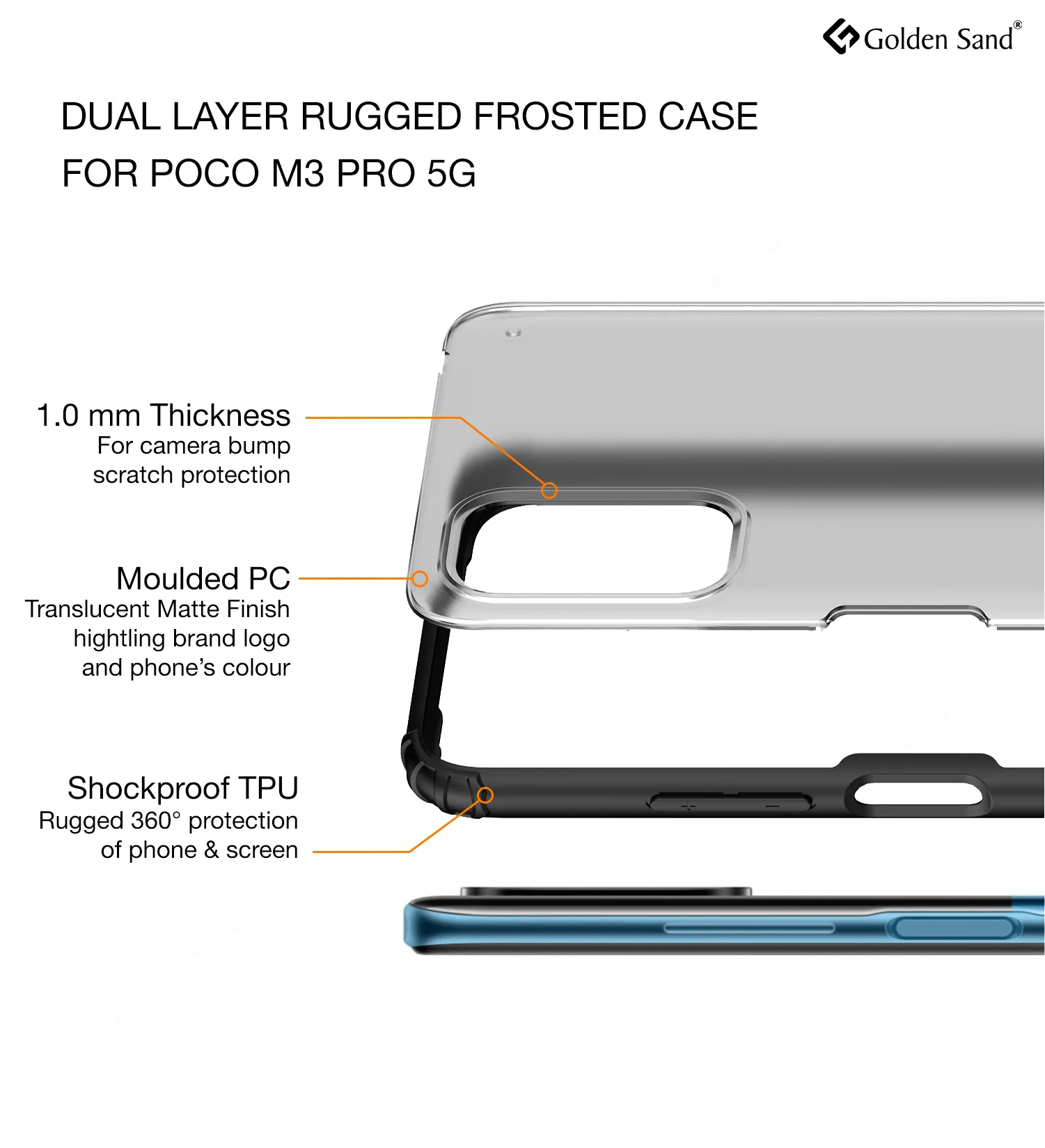 Rugged Frosted Semi Transparent PC Shock Proof Slim Back Cover for Poco M3 Pro 5G, 6.5 inch, Black