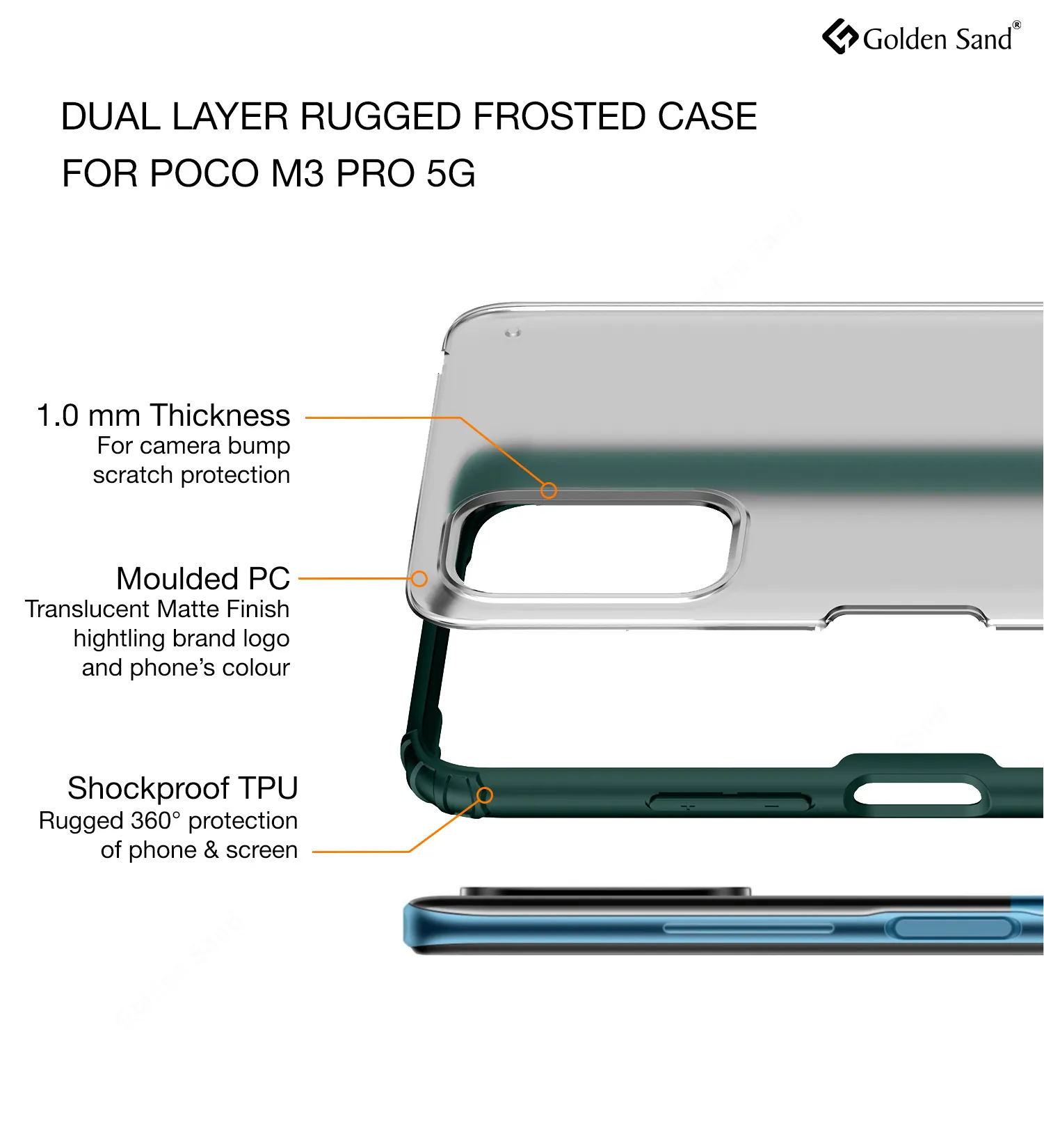Rugged Frosted Semi Transparent PC Shock Proof Slim Back Cover for Poco M3 Pro 5G, 6.5 inch, Green