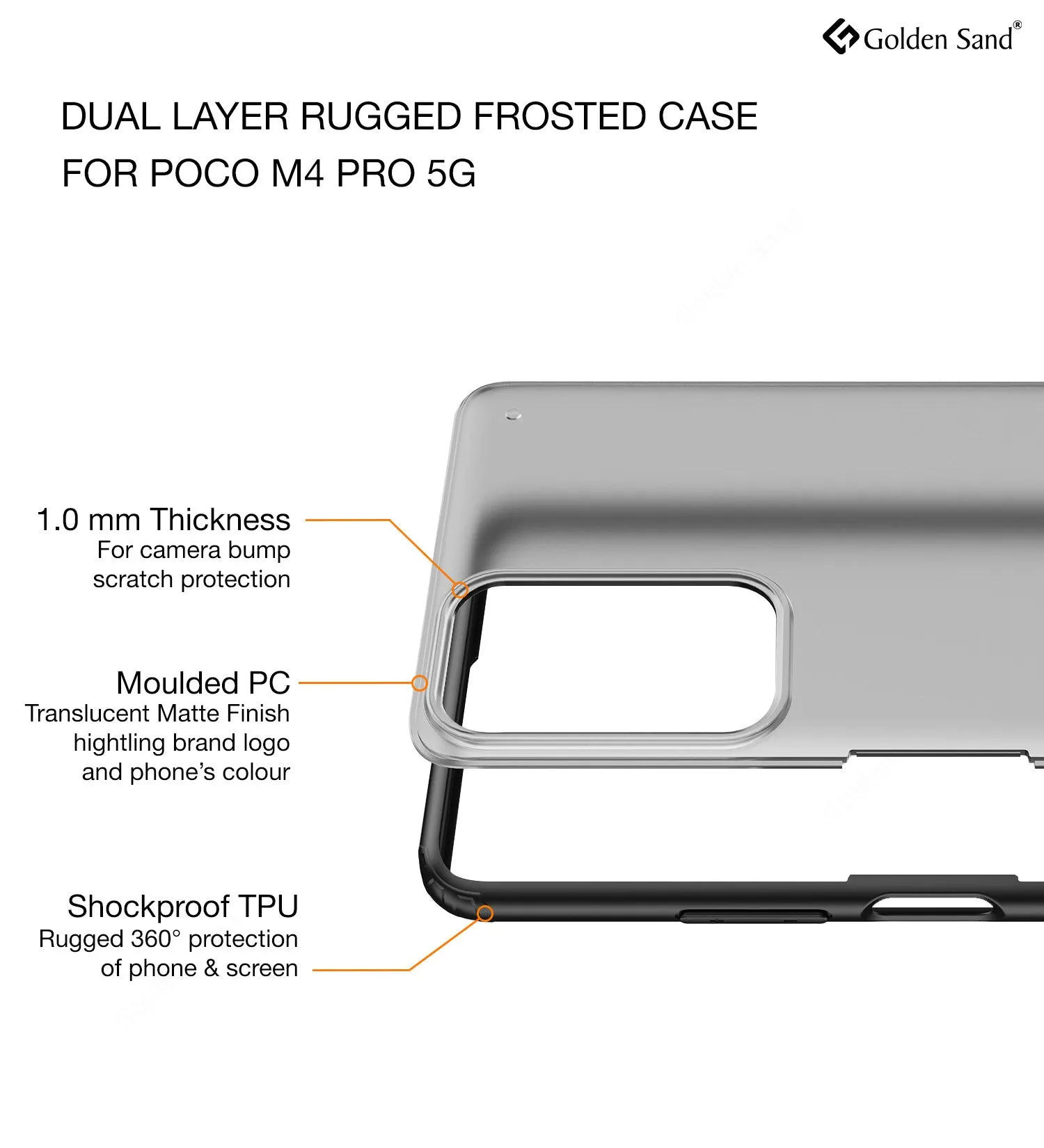 Rugged Frosted Semi Transparent PC Shock Proof Slim Back Cover for Poco M4 Pro 5G, 6.6 inch, Black