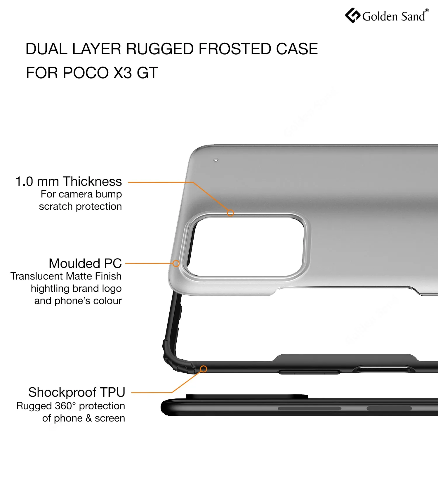 Rugged Frosted Semi Transparent PC Shock Proof Slim Back Cover for Poco X3 GT, 6.6 inch, Black