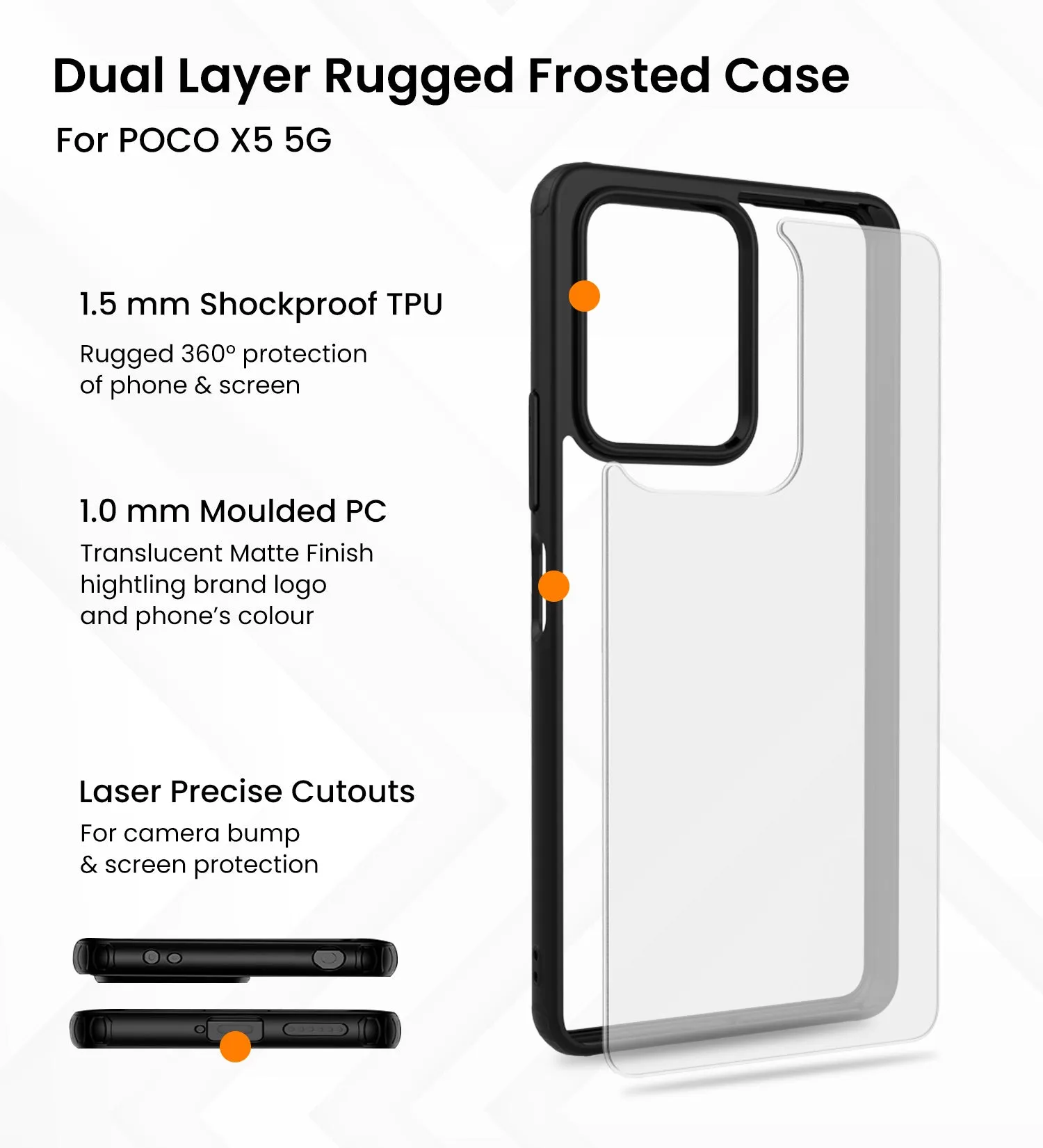 Rugged Frosted Semi Transparent PC Shock Proof Slim Back Cover for POCO X5 5G, 6.67 inch, Black