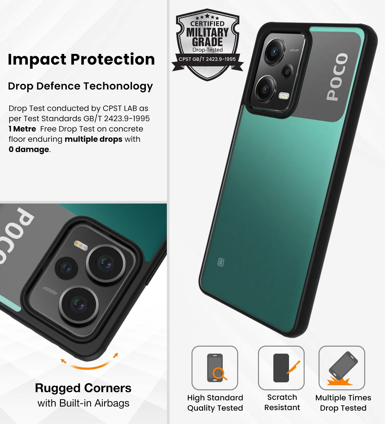 Rugged Frosted Semi Transparent PC Shock Proof Slim Back Cover for POCO X5 5G, 6.67 inch, Black