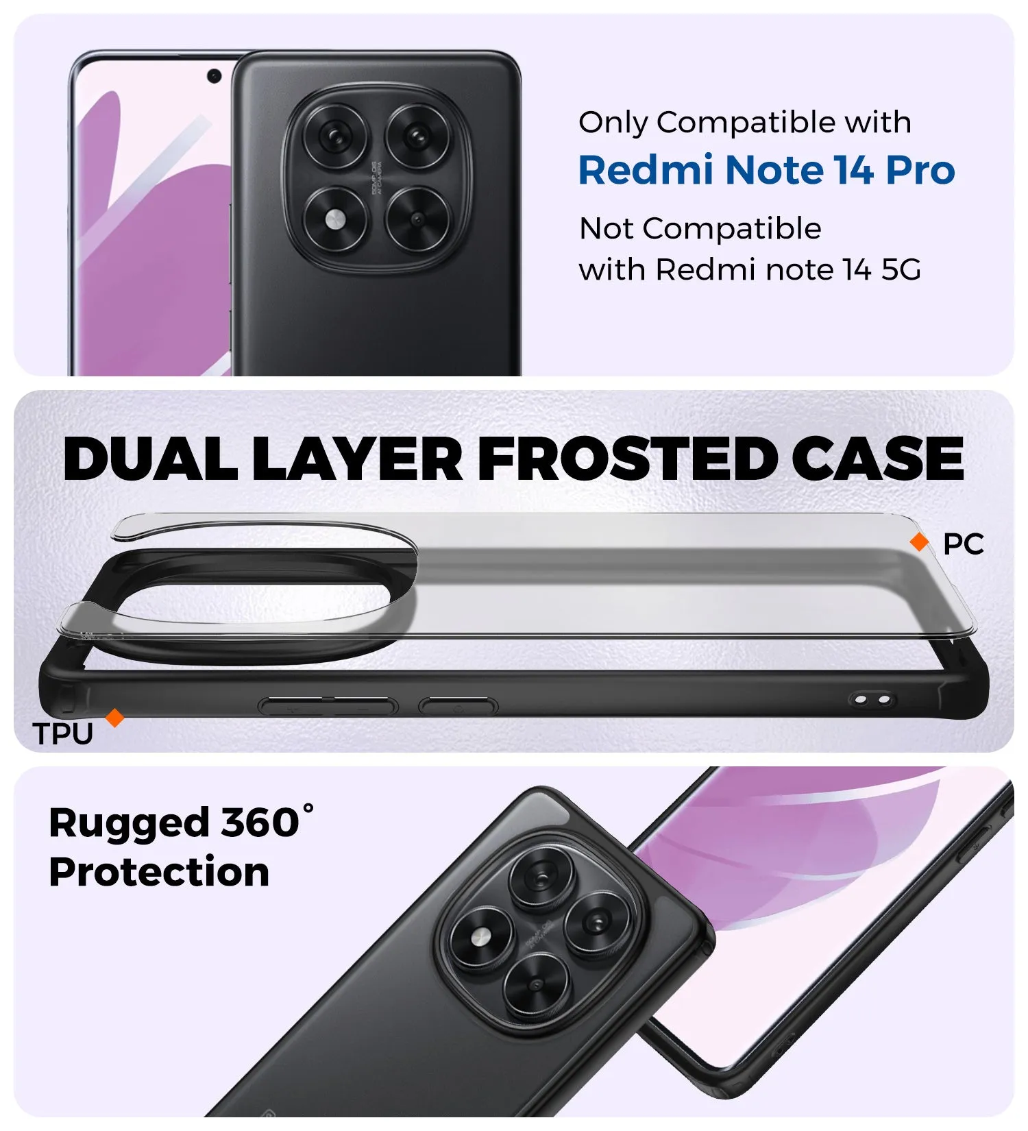 Rugged Frosted Semi Transparent PC Shock Proof Slim Back Cover for  POCO X7 5G, Redmi Note 14 Pro 5G, Redmi Note 14 Pro  Plus 5G, 6.67 inch, Black