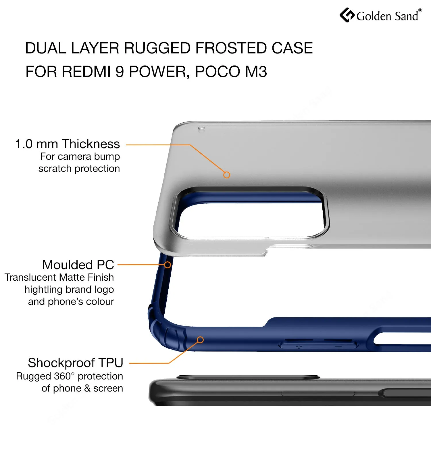 Rugged Frosted Semi Transparent PC Shock Proof Slim Back Cover for Redmi 9 Power, Blazing Blue
