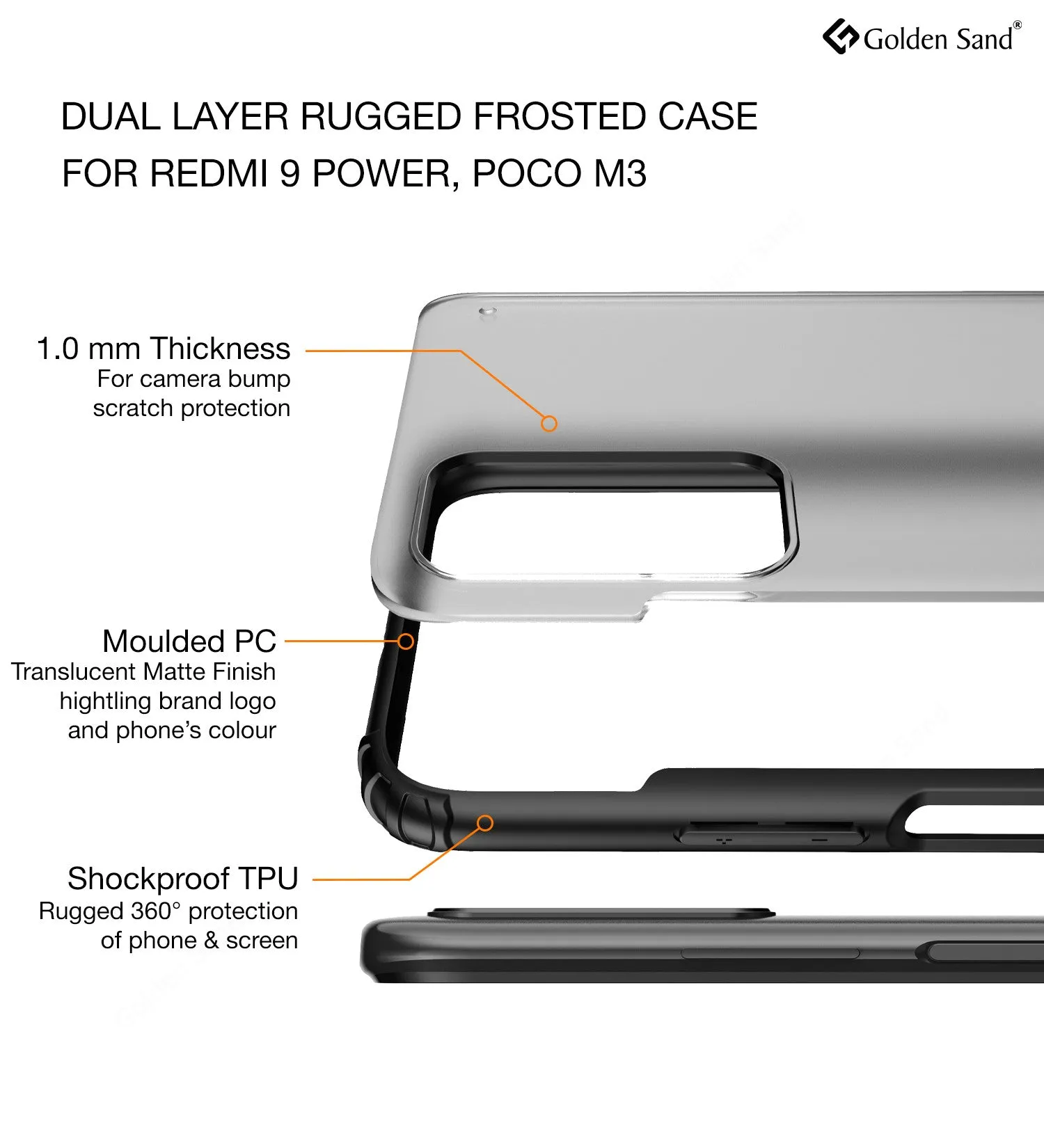 Rugged Frosted Semi Transparent PC Shock Proof Slim Back Cover for Redmi 9 Power, Mighty Black