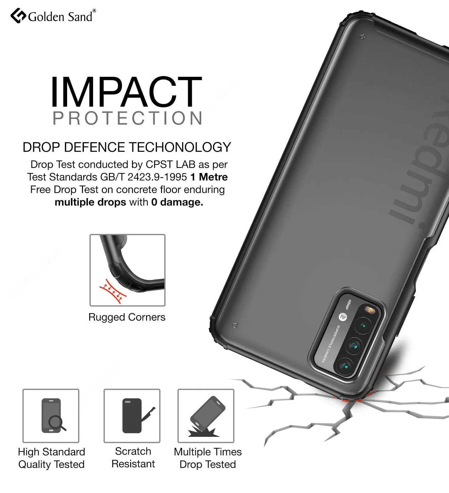 Rugged Frosted Semi Transparent PC Shock Proof Slim Back Cover for Redmi 9 Power, Mighty Black