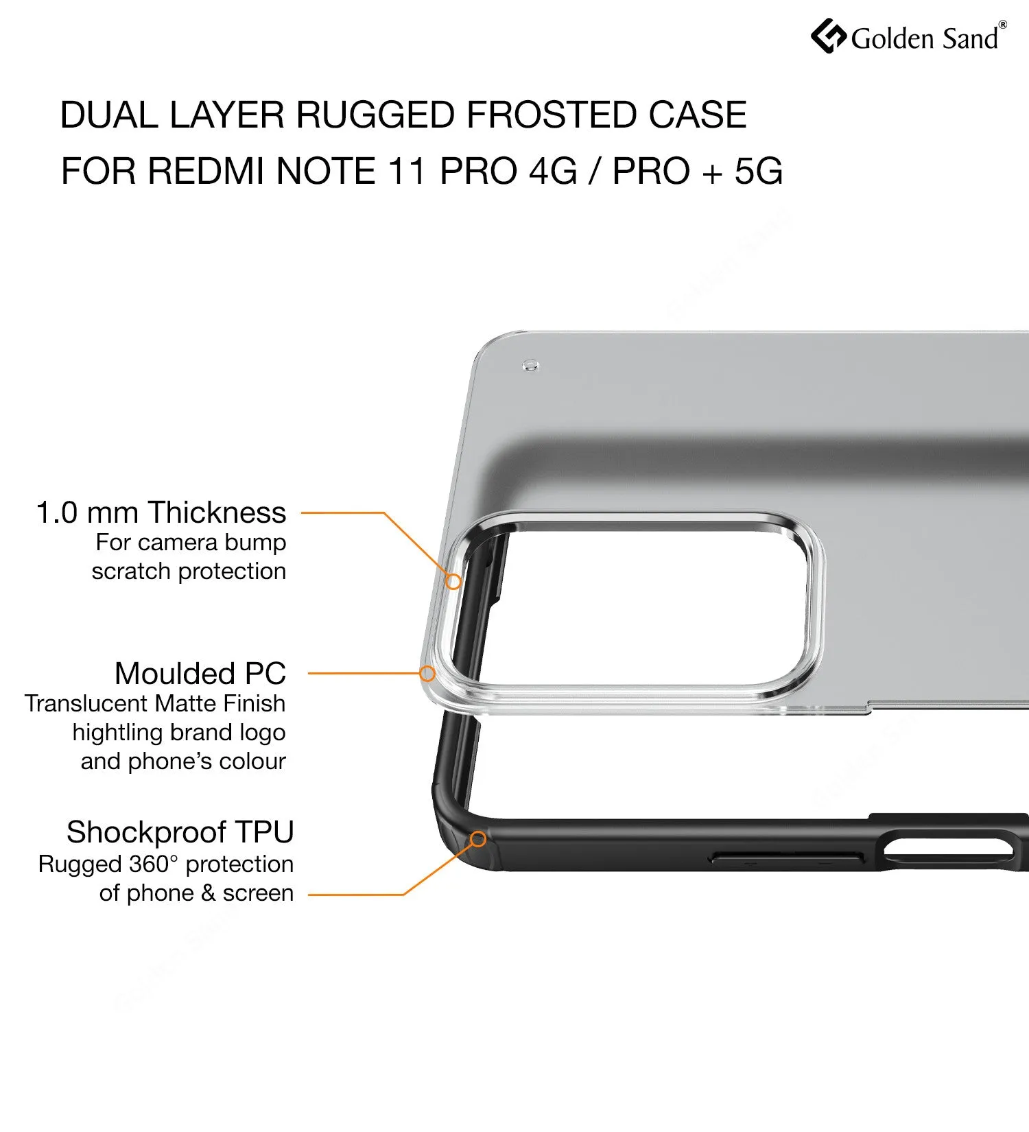 Rugged Frosted Semi Transparent PC Shock Proof Slim Back Cover for Redmi Note 11 Pro 4G, Redmi Note 11 Pro  Plus 5G, 6.67 inch, Black