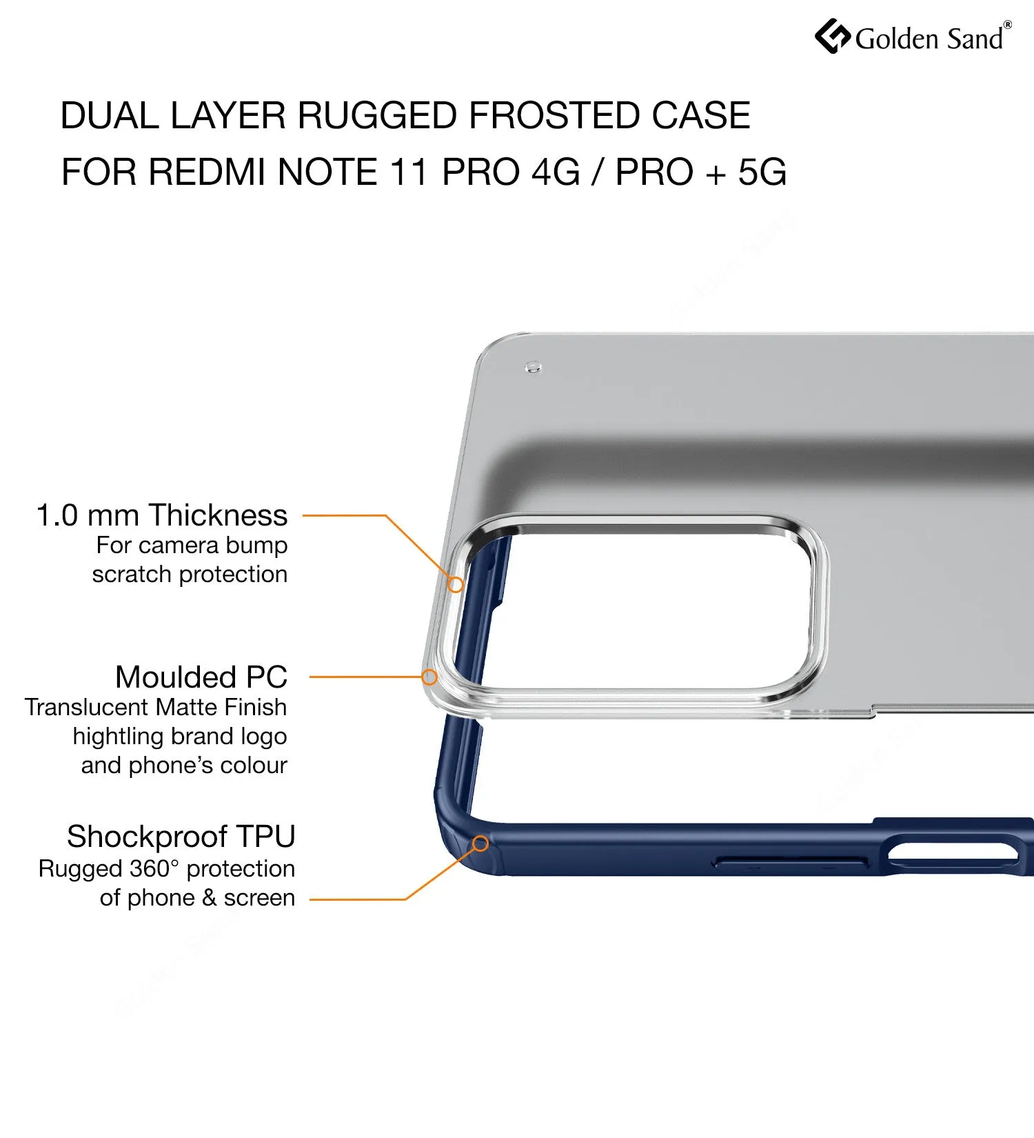 Rugged Frosted Semi Transparent PC Shock Proof Slim Back Cover for Redmi Note 11 Pro 4G, Redmi Note 11 Pro  Plus 5G, 6.67 inch, Blue