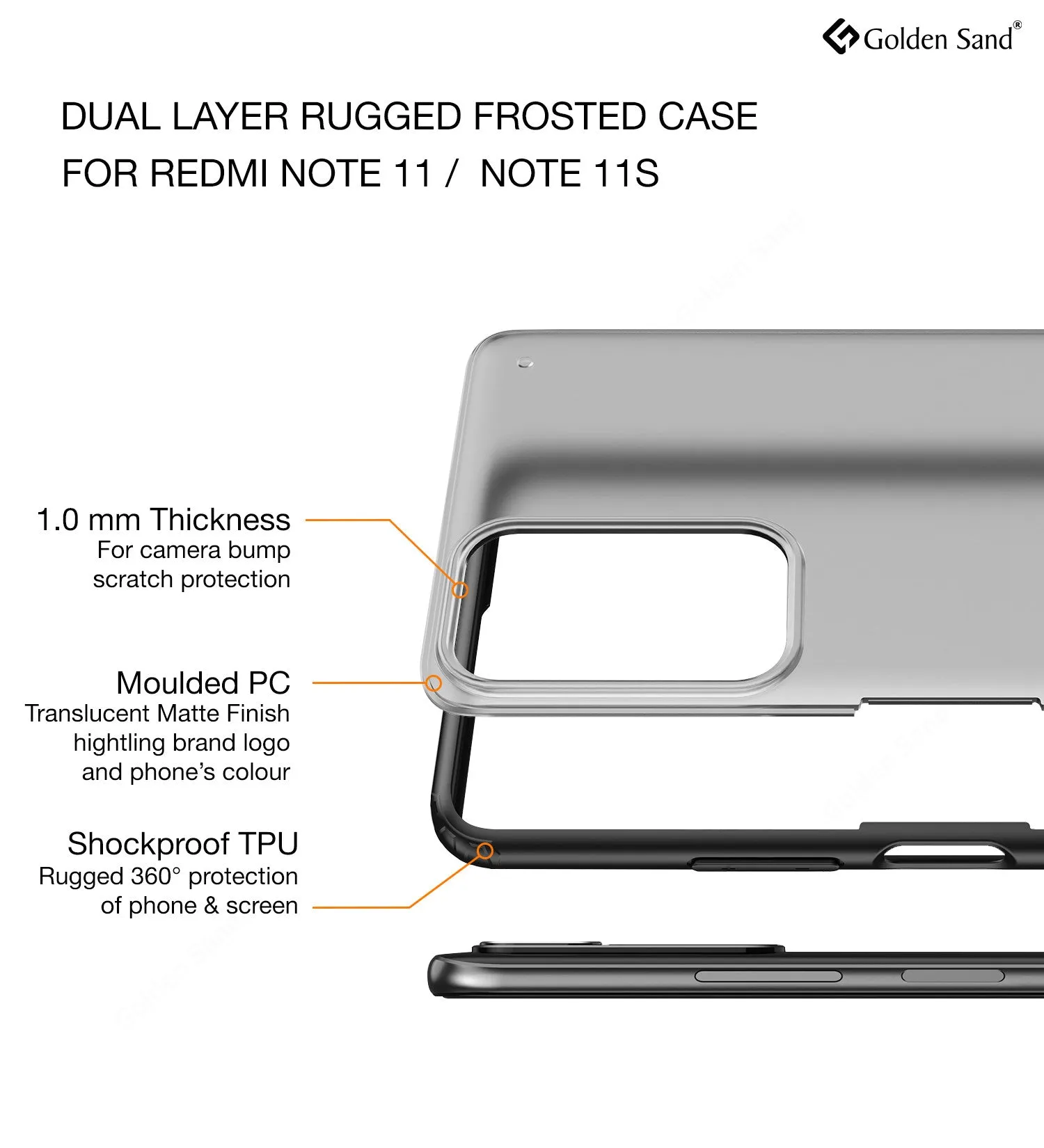 Rugged Frosted Semi Transparent PC Shock Proof Slim Back Cover for Redmi Note 11, Redmi Note 11S, 6.43 inch, Black