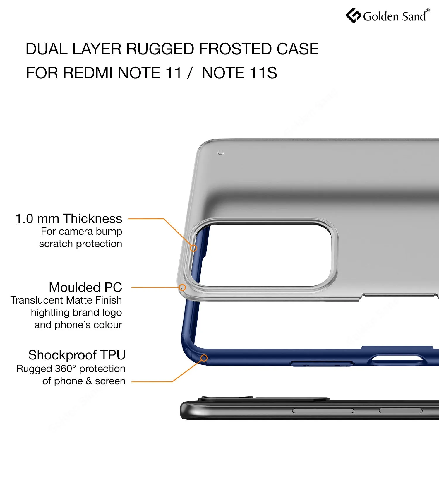 Rugged Frosted Semi Transparent PC Shock Proof Slim Back Cover for Redmi Note 11, Redmi Note 11S, 6.43 inch, Blue