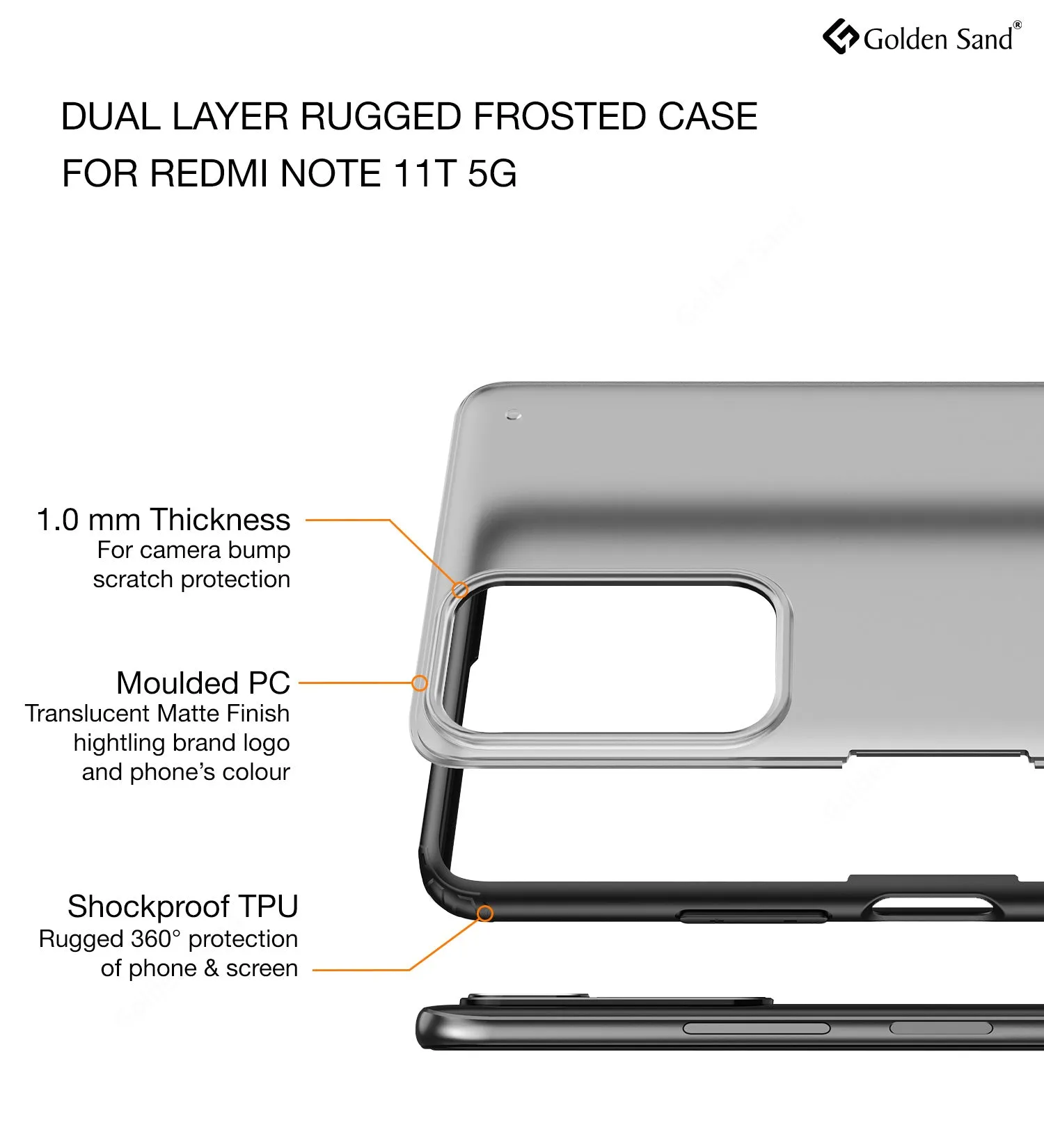 Rugged Frosted Semi Transparent PC Shock Proof Slim Back Cover for Redmi Note 11T 5G, Poco M4 Pro 5G, 6.6 inch, Black