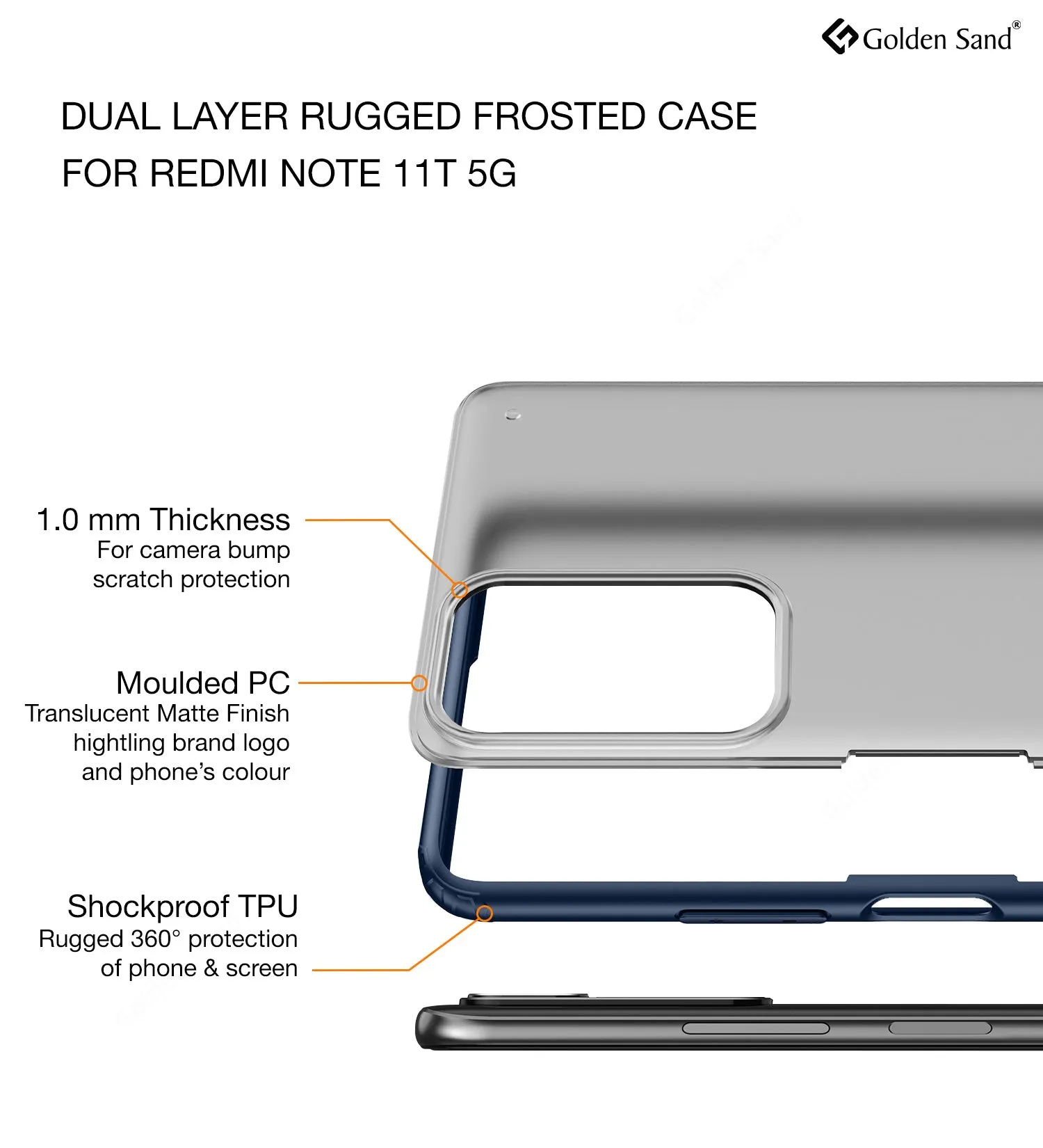 Rugged Frosted Semi Transparent PC Shock Proof Slim Back Cover for Redmi Note 11T 5G, Poco M4 Pro 5G, 6.6 inch, Blue