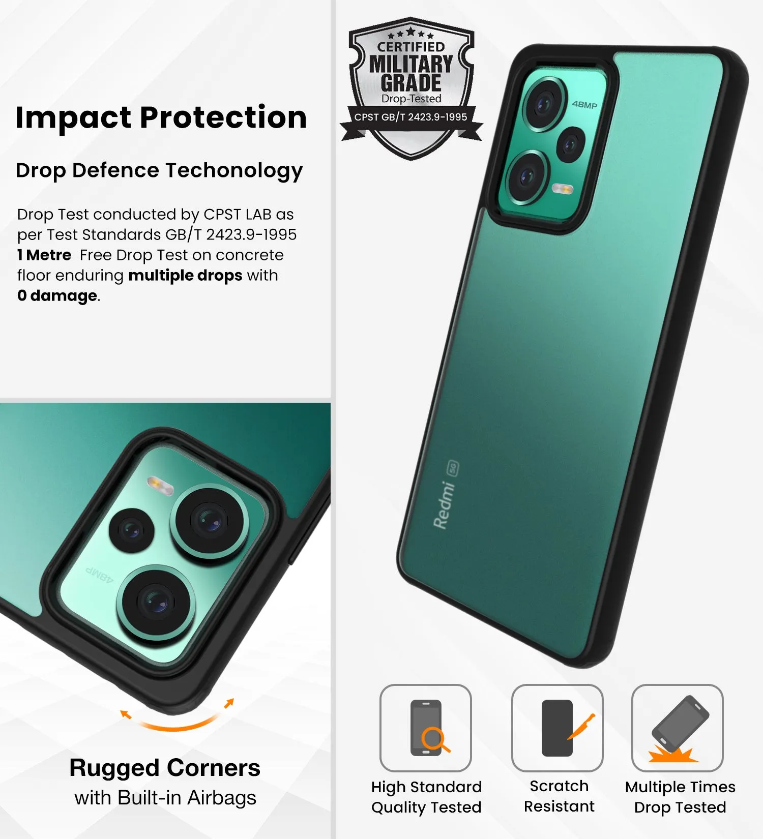 Rugged Frosted Semi Transparent PC Shock Proof Slim Back Cover for Redmi Note 12 5G, 6.67 inch, Black