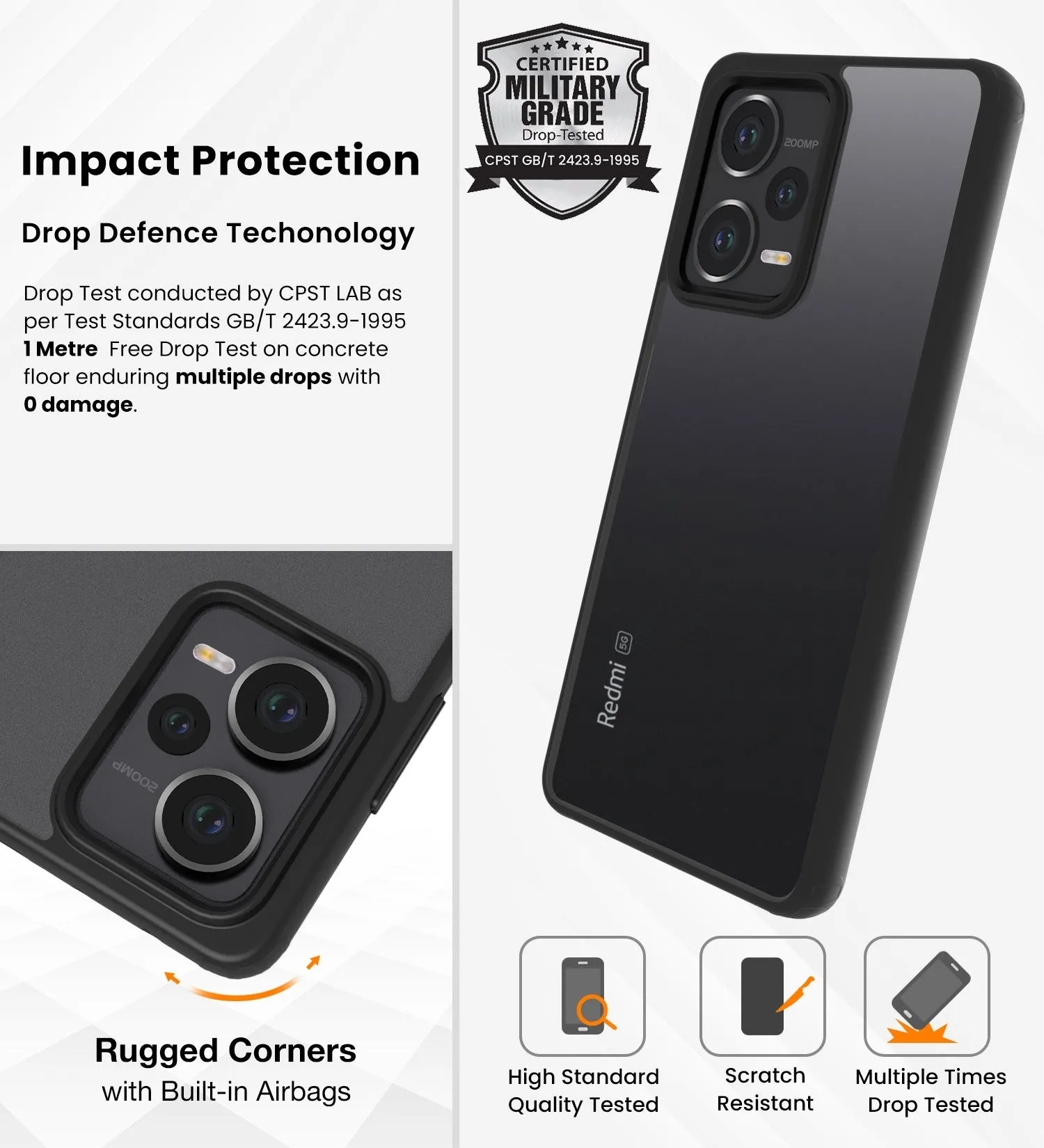 Rugged Frosted Semi Transparent PC Shock Proof Slim Back Cover for Redmi Note 12 Pro  Plus 5G, 6.67 inch, Black