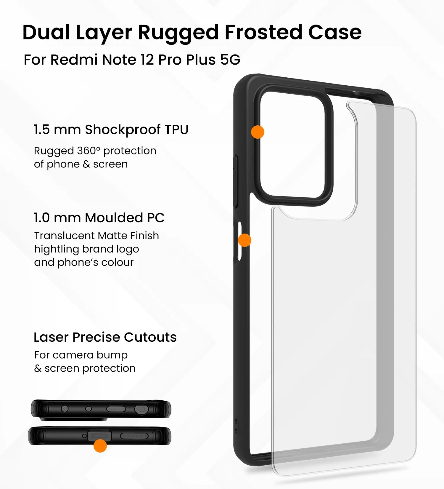 Rugged Frosted Semi Transparent PC Shock Proof Slim Back Cover for Redmi Note 12 Pro  Plus 5G, 6.67 inch, Black