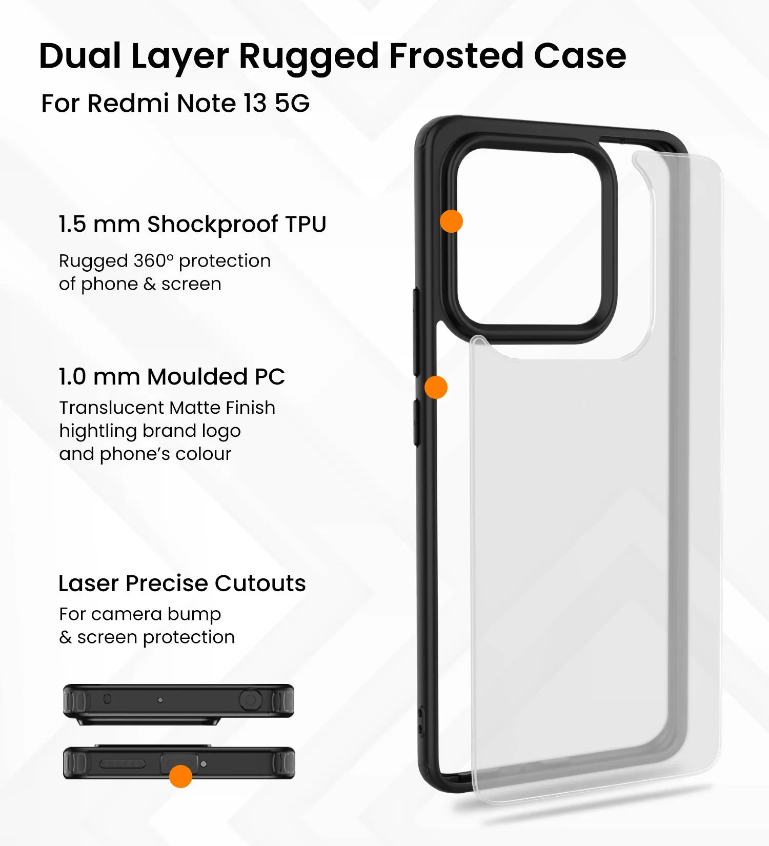Rugged Frosted Semi Transparent PC Shock Proof Slim Back Cover for Redmi Note 13 5G, 6.67 inch, Black