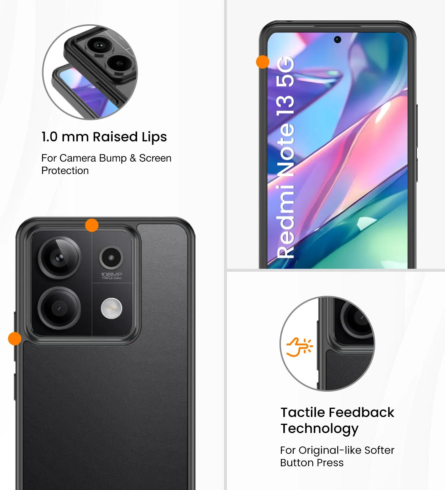 Rugged Frosted Semi Transparent PC Shock Proof Slim Back Cover for Redmi Note 13 5G, 6.67 inch, Black