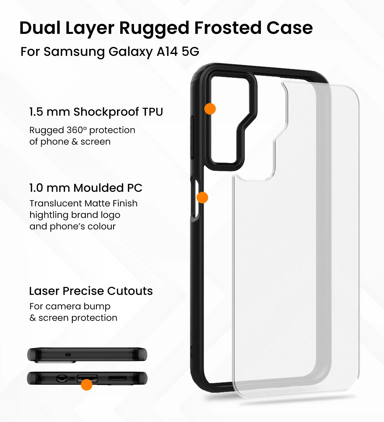 Rugged Frosted Semi Transparent PC Shock Proof Slim Back Cover for Samsung Galaxy A14 4G, Samsung Galaxy A14 5G, 6.6 inch, Black