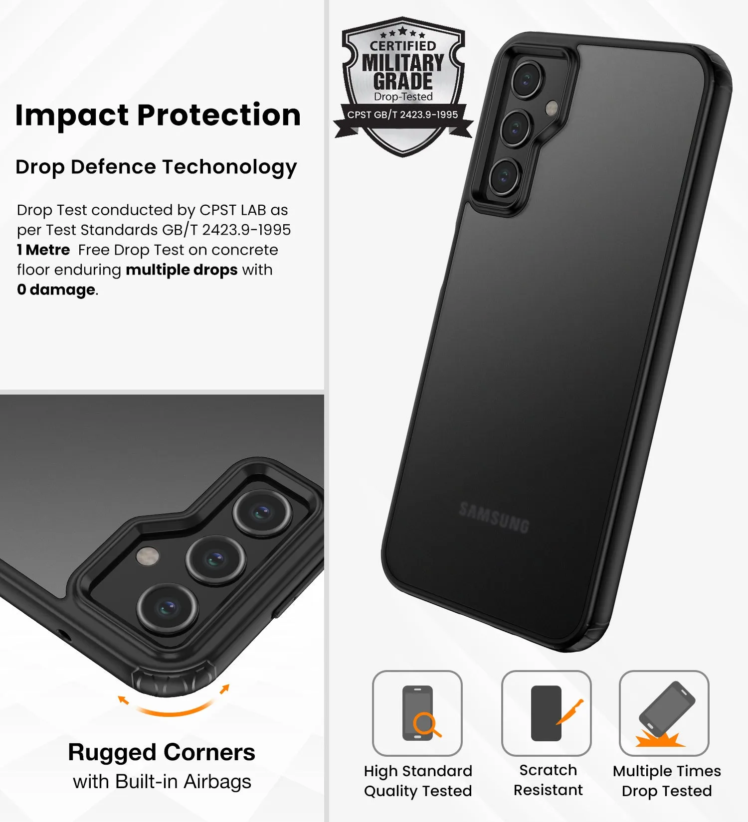 Rugged Frosted Semi Transparent PC Shock Proof Slim Back Cover for Samsung Galaxy A14 4G, Samsung Galaxy A14 5G, 6.6 inch, Black