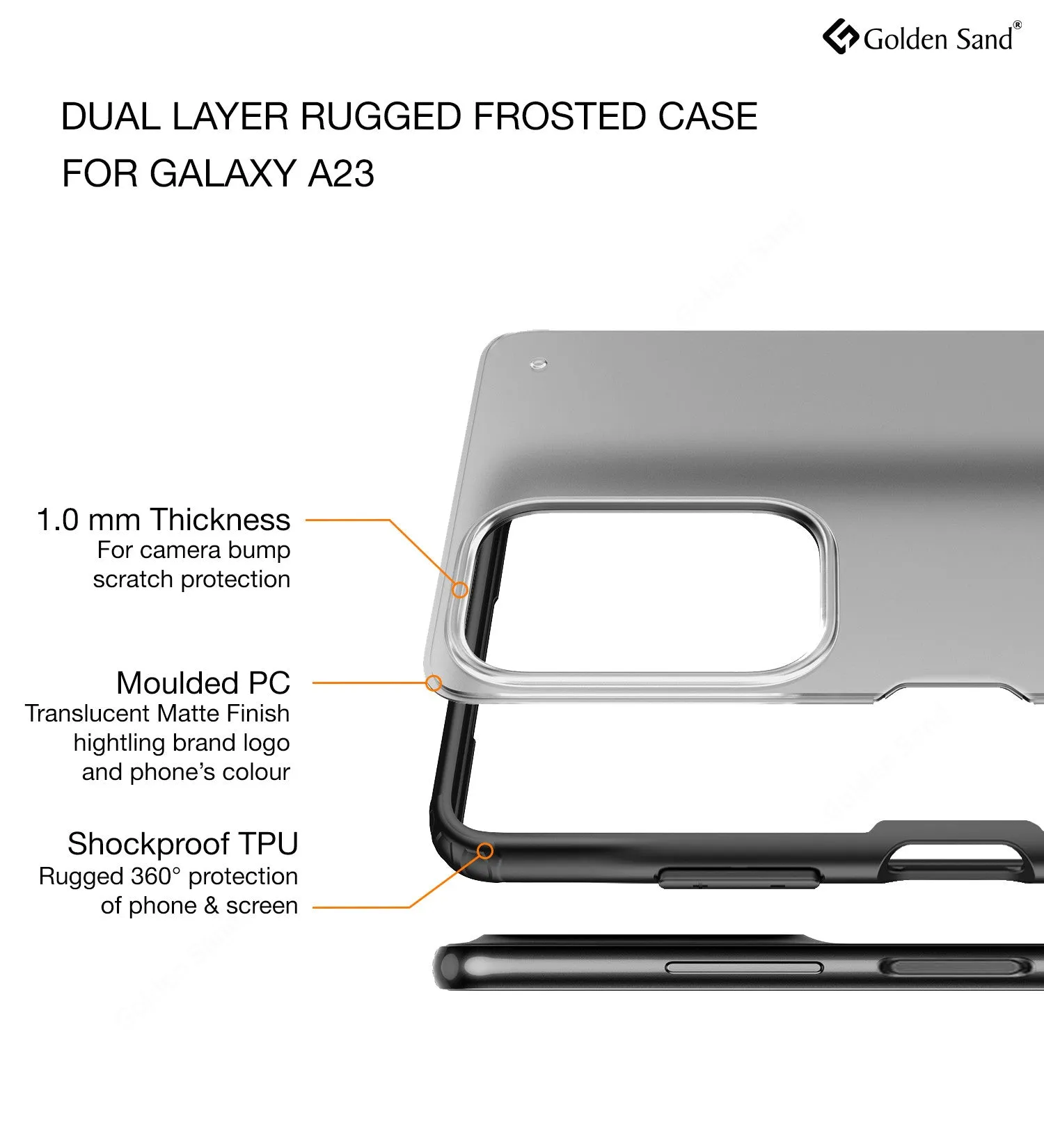 Rugged Frosted Semi Transparent PC Shock Proof Slim Back Cover for Samsung Galaxy A23 5G, Samsung Galaxy A23 4G, 6.6 inch, Black