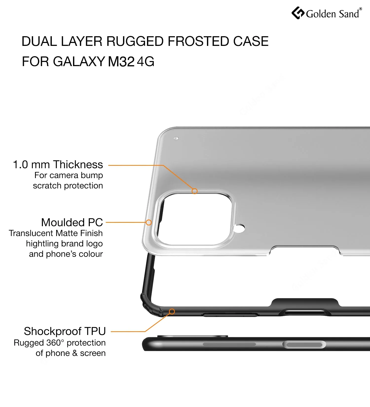 Rugged Frosted Semi Transparent PC Shock Proof Slim Back Cover for Samsung Galaxy M32 4G, Samsung Galaxy F22, 6.4 inch, Black