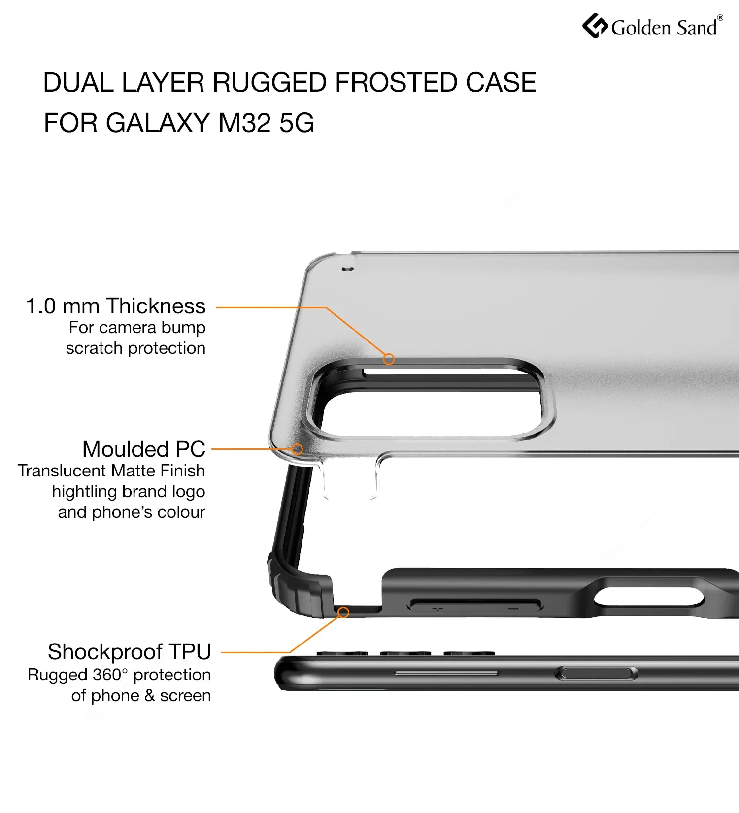Rugged Frosted Semi Transparent PC Shock Proof Slim Back Cover for Samsung Galaxy M32 5G, 6.5 inch, Black