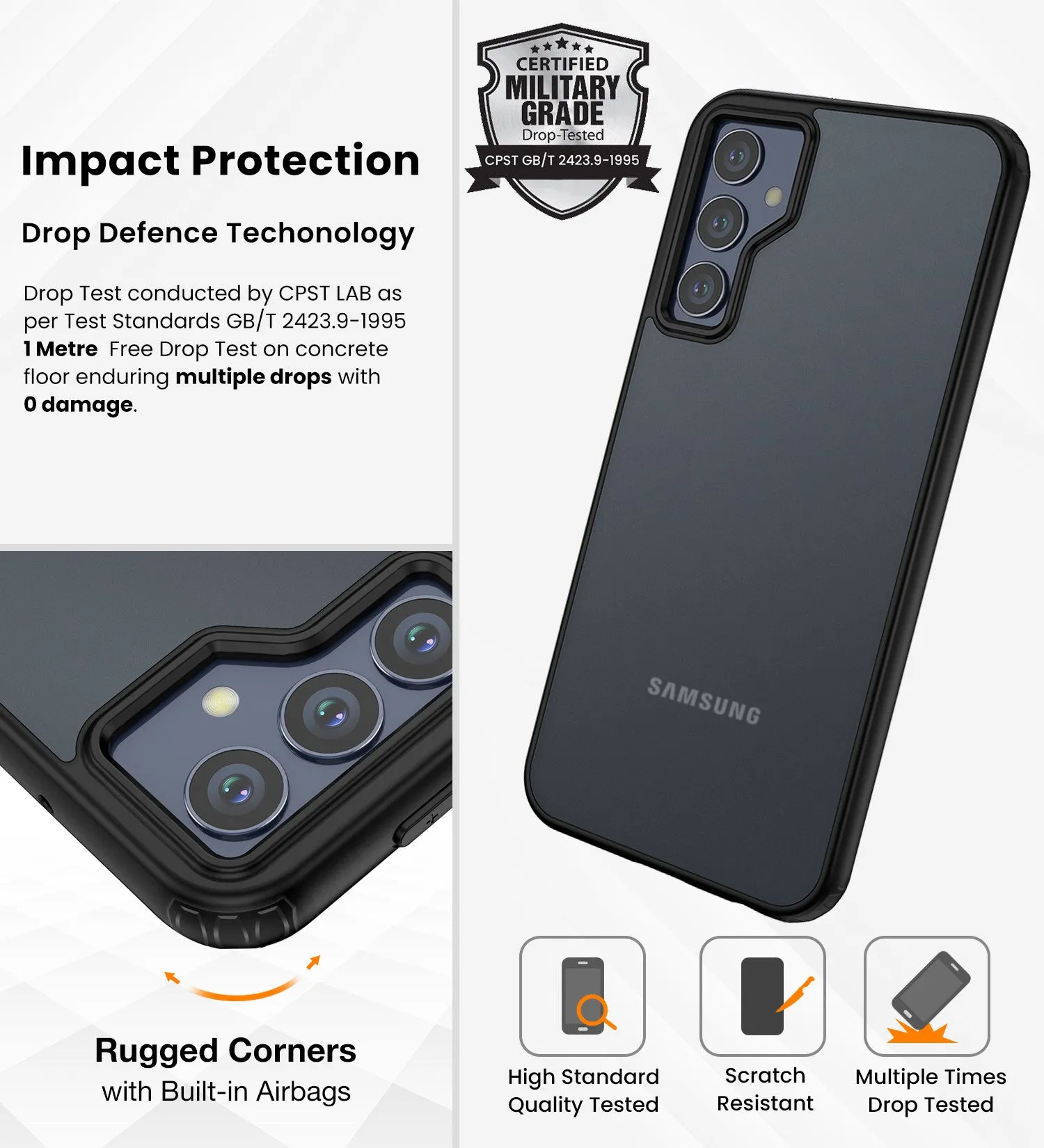 Rugged Frosted Semi Transparent PC Shock Proof Slim Back Cover for Samsung Galaxy M34 5G, Samsung Galaxy F34 5G, 6.5 inch, Black
