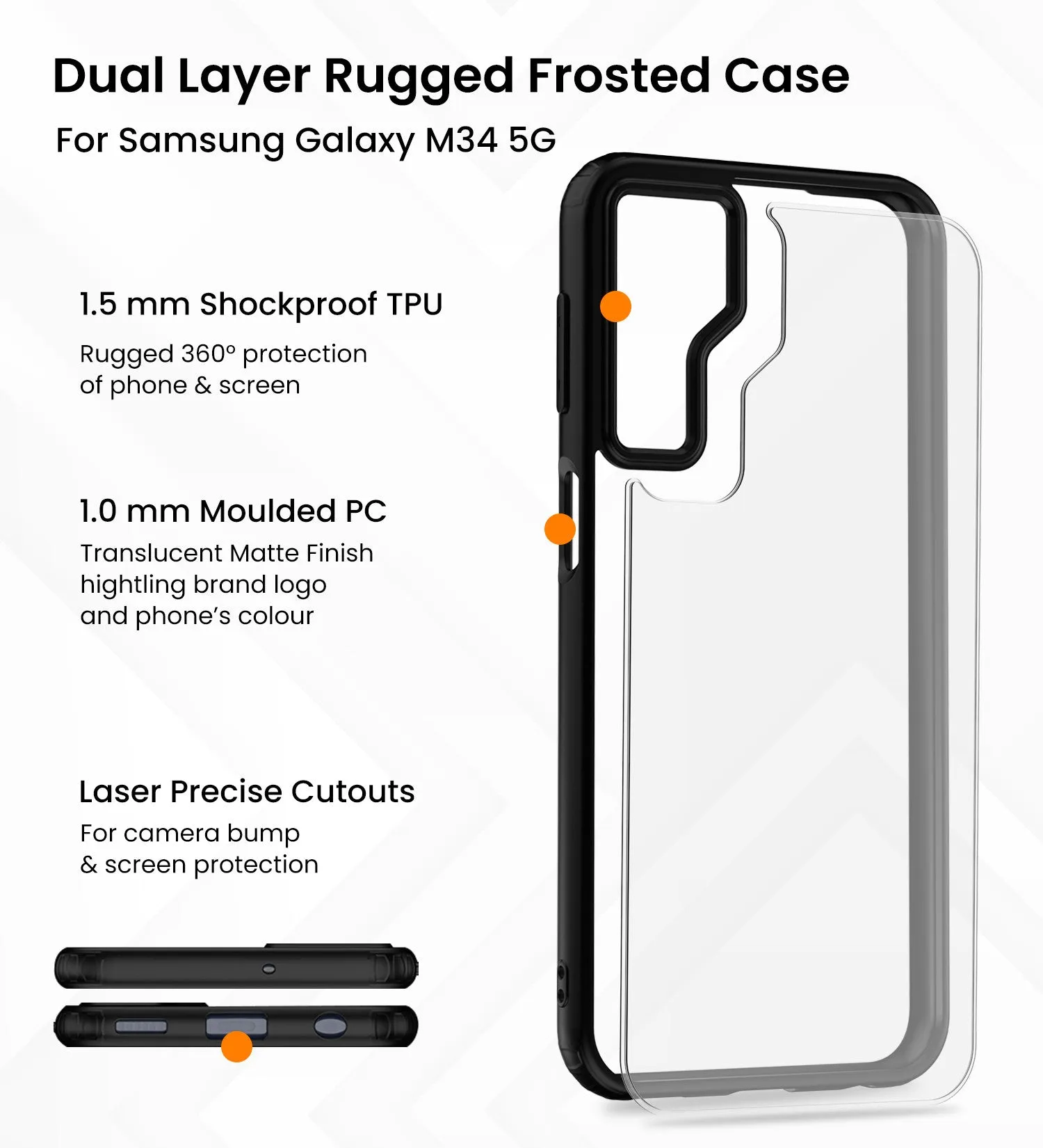 Rugged Frosted Semi Transparent PC Shock Proof Slim Back Cover for Samsung Galaxy M34 5G, Samsung Galaxy F34 5G, 6.5 inch, Black