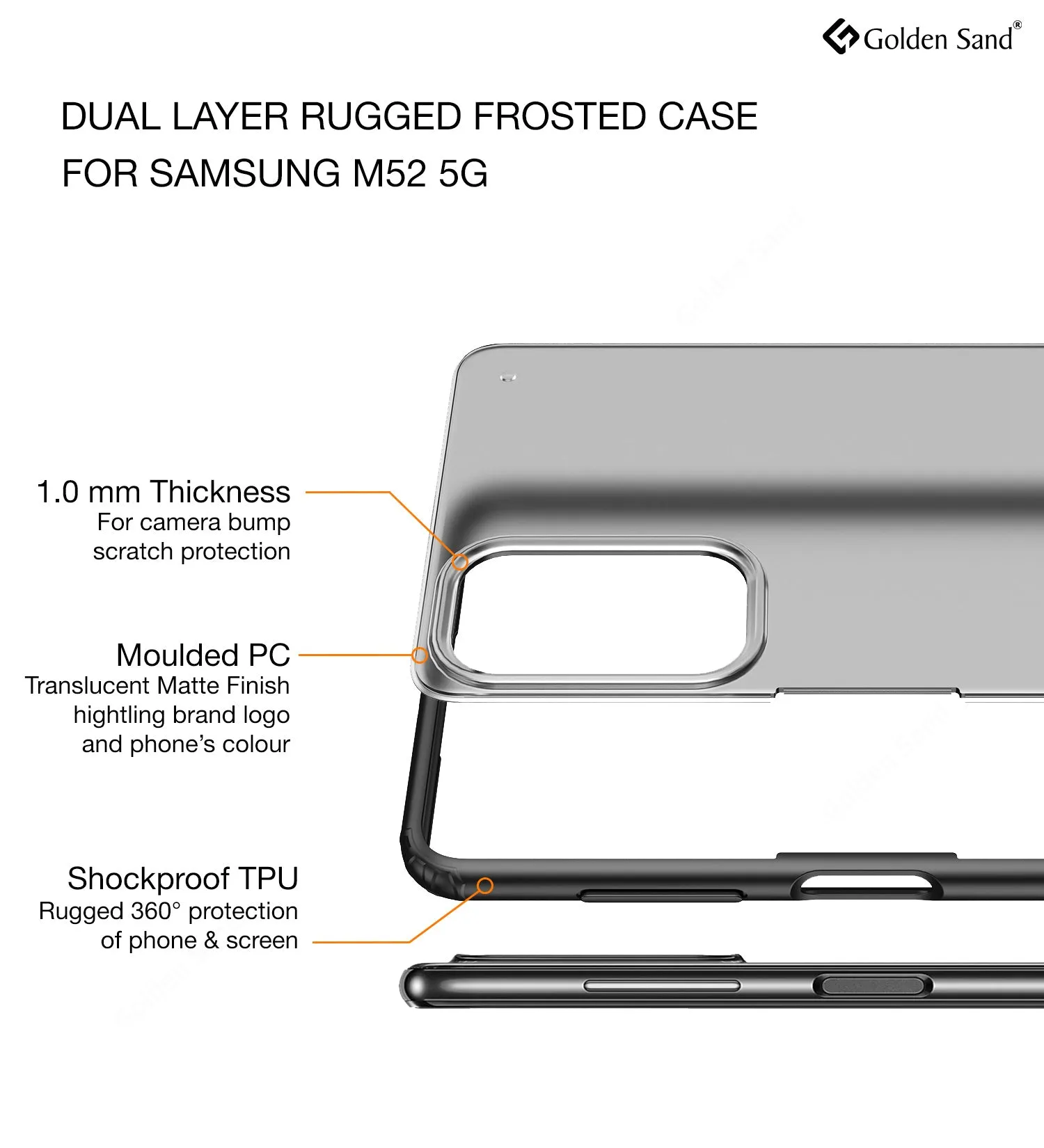 Rugged Frosted Semi Transparent PC Shock Proof Slim Back Cover for Samsung Galaxy M52 5G, 6.7 inch, Black