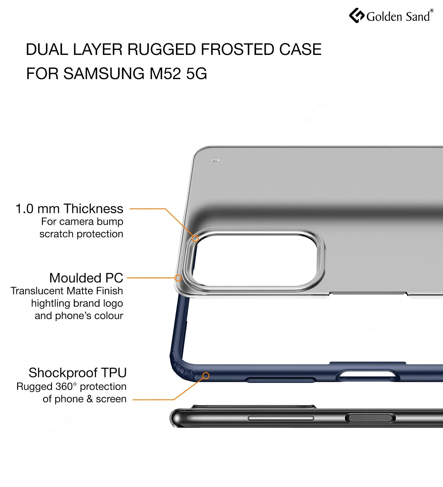 Rugged Frosted Semi Transparent PC Shock Proof Slim Back Cover for Samsung Galaxy M52 5G, 6.7 inch, Blue