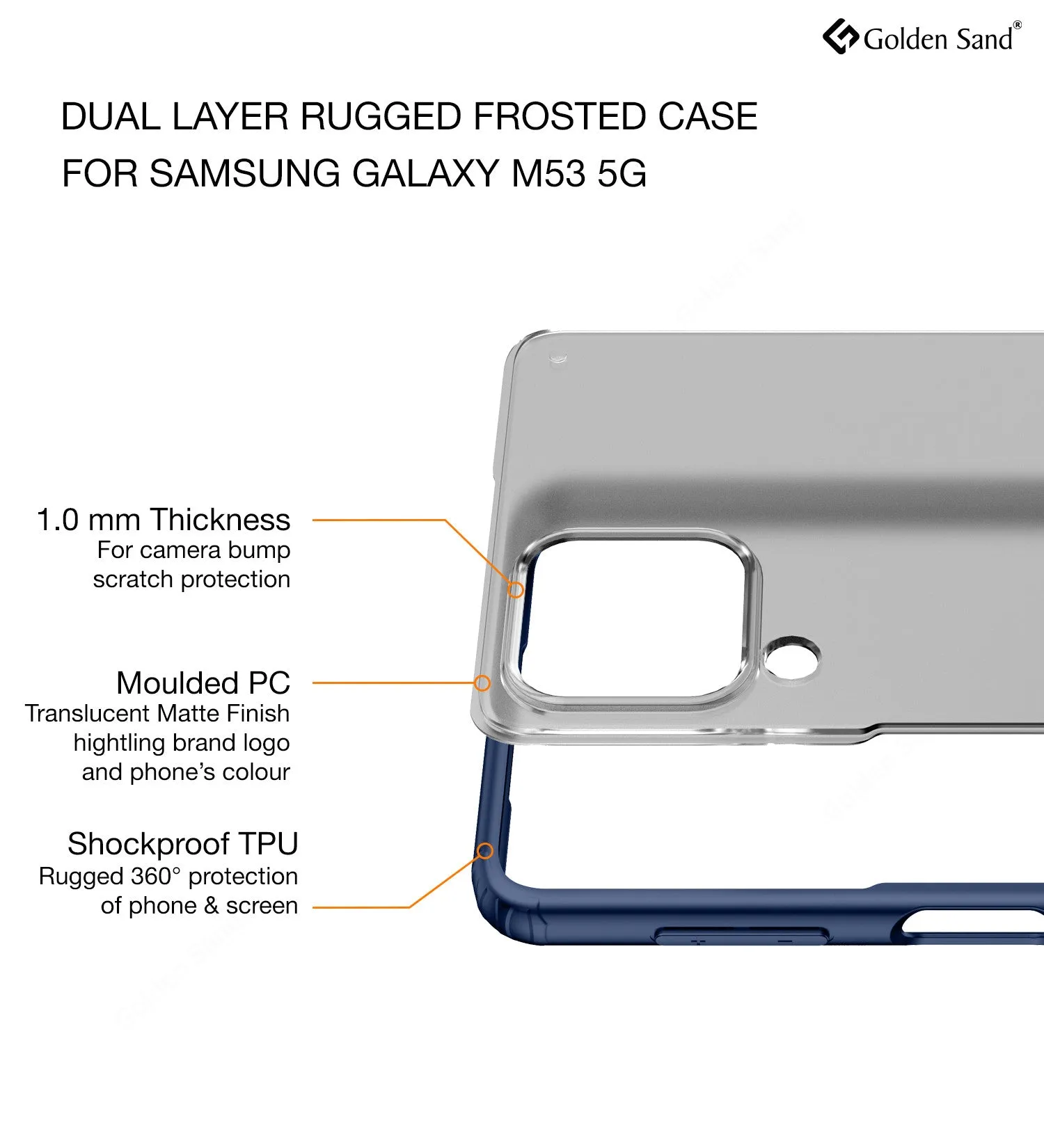 Rugged Frosted Semi Transparent PC Shock Proof Slim Back Cover for Samsung Galaxy M53 5G, 6.7 inch, Blue