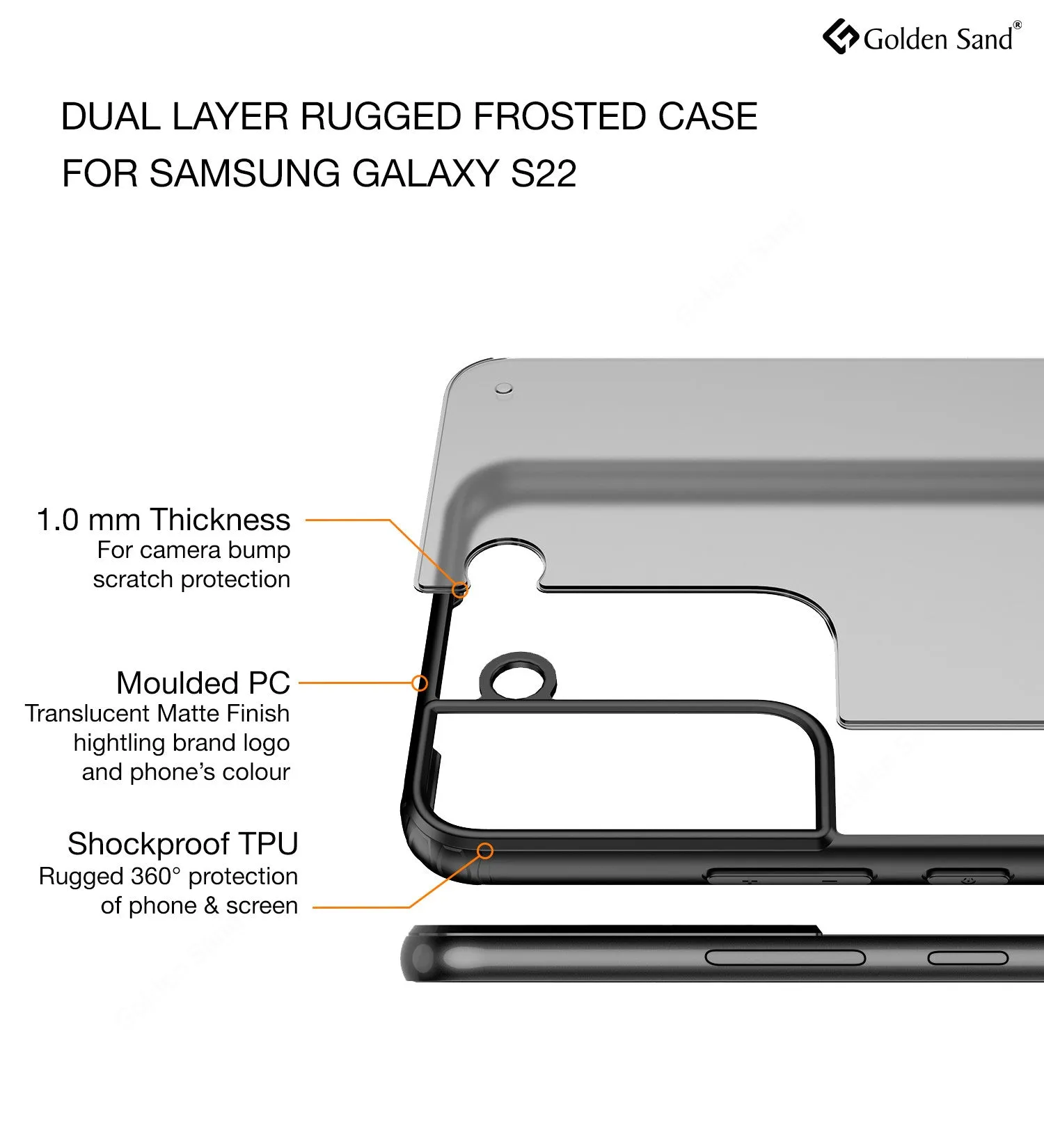 Rugged Frosted Semi Transparent PC Shock Proof Slim Back Cover for Samsung Galaxy S22 5G, 6.1 inch, Black
