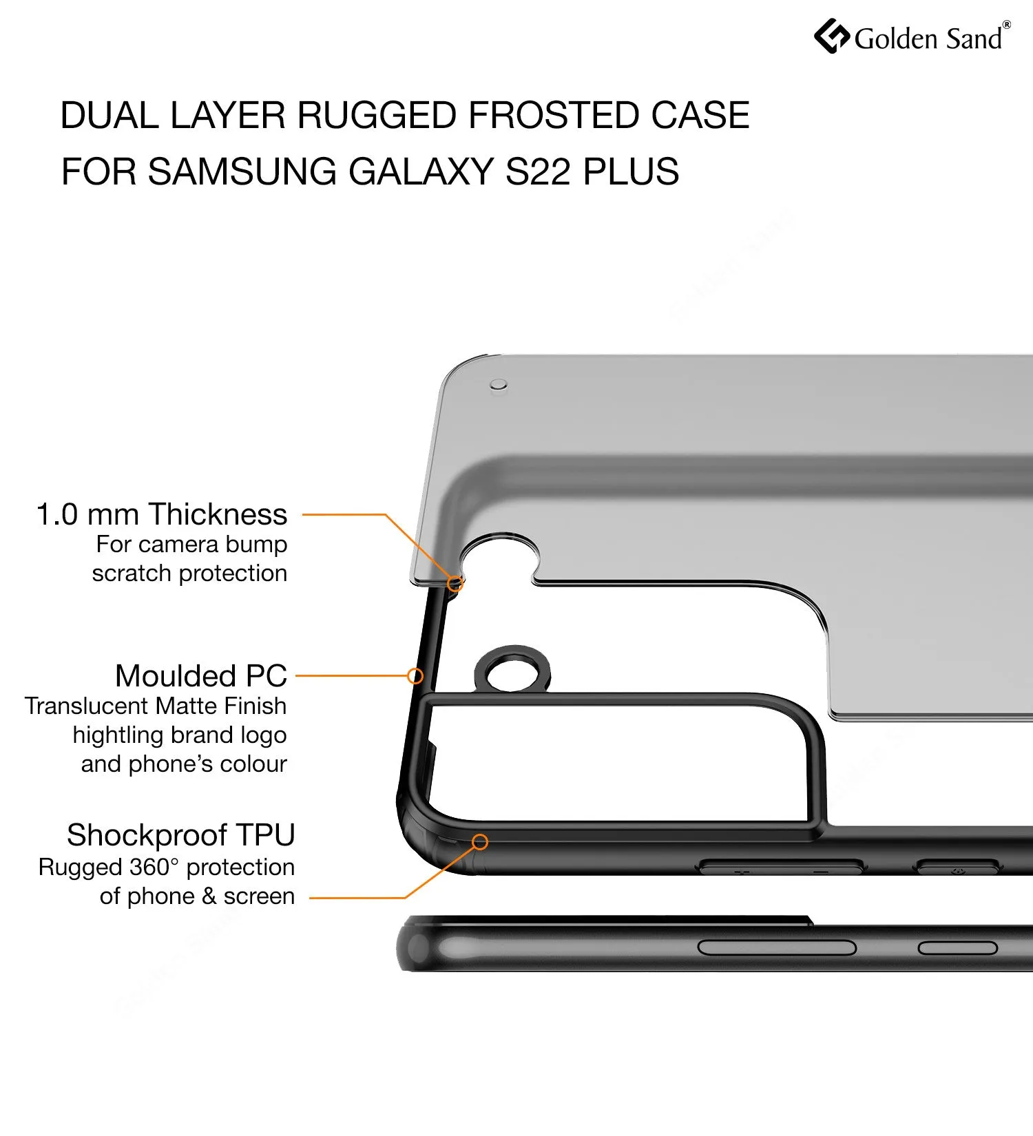 Rugged Frosted Semi Transparent PC Shock Proof Slim Back Cover for Samsung Galaxy S22  Plus 5G, 6.6 inch, Black