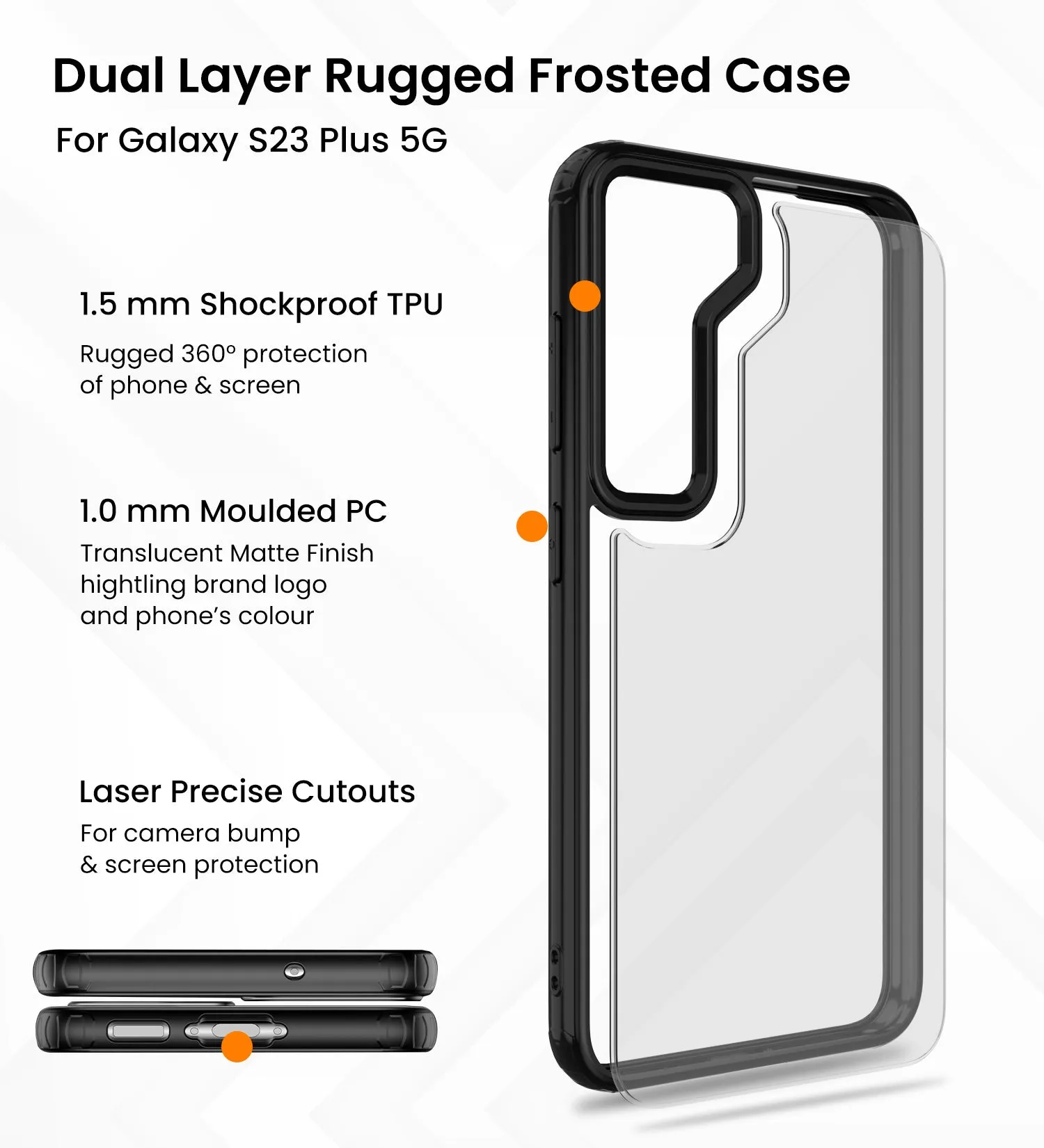 Rugged Frosted Semi Transparent PC Shock Proof Slim Back Cover for Samsung Galaxy S23  Plus 5G, 6.6 inch, Black