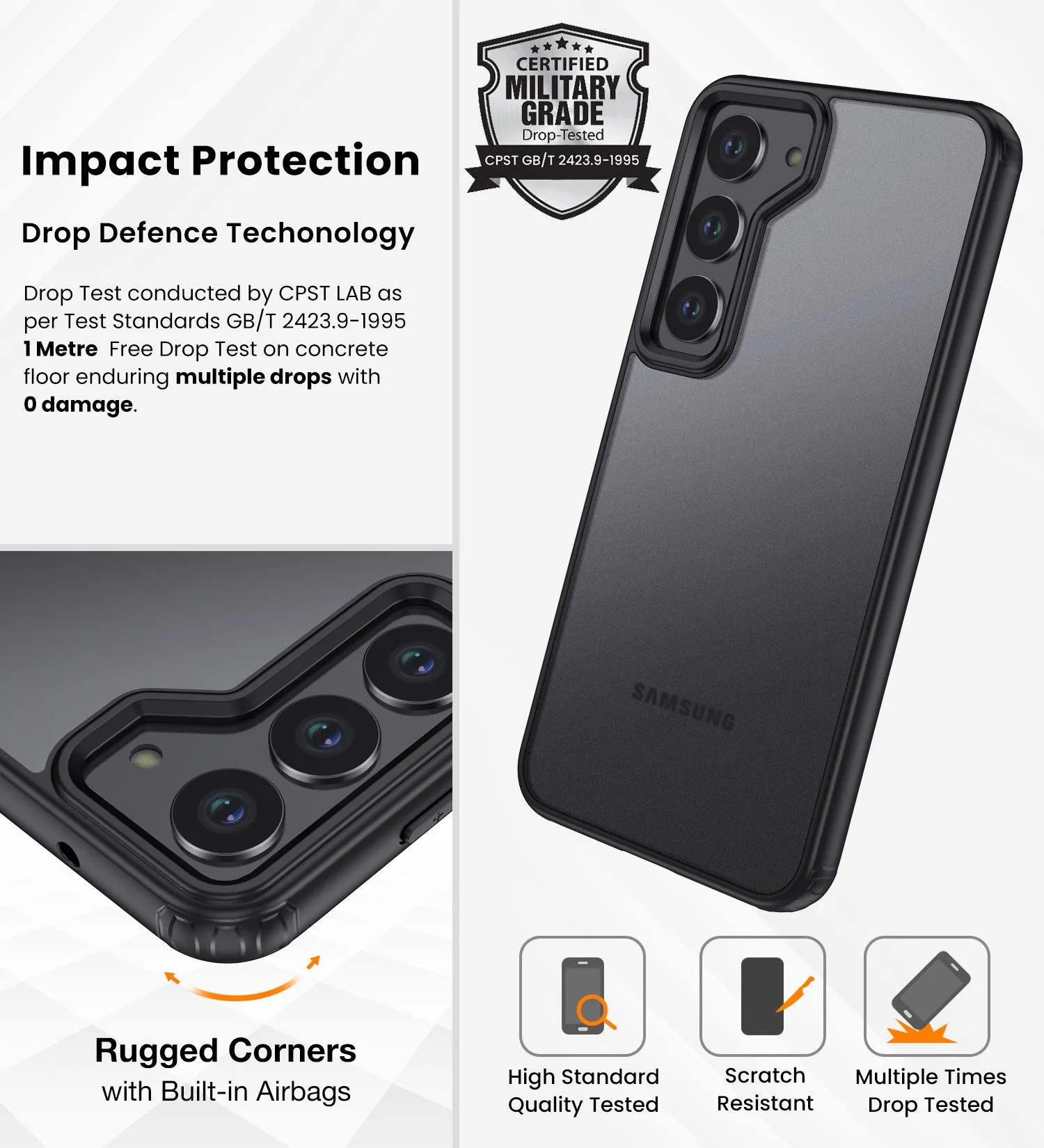 Rugged Frosted Semi Transparent PC Shock Proof Slim Back Cover for Samsung Galaxy S23  Plus 5G, 6.6 inch, Black
