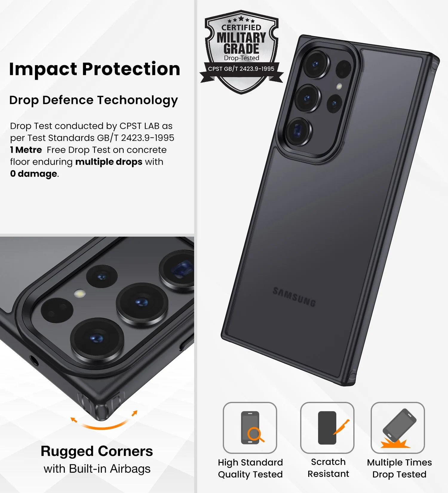 Rugged Frosted Semi Transparent PC Shock Proof Slim Back Cover for Samsung Galaxy S23 Ultra 5G, 6.8 inch, Black