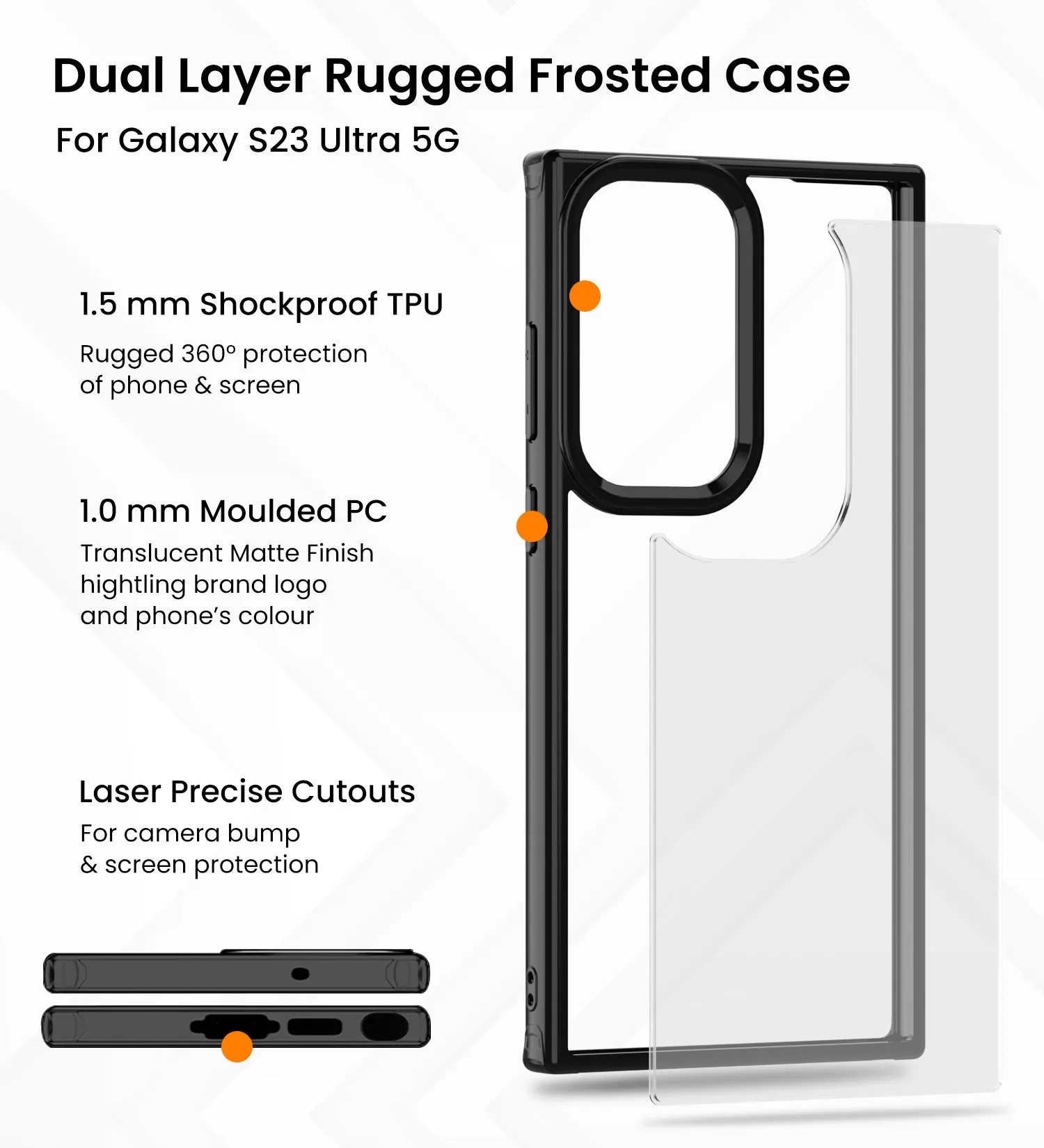 Rugged Frosted Semi Transparent PC Shock Proof Slim Back Cover for Samsung Galaxy S23 Ultra 5G, 6.8 inch, Black