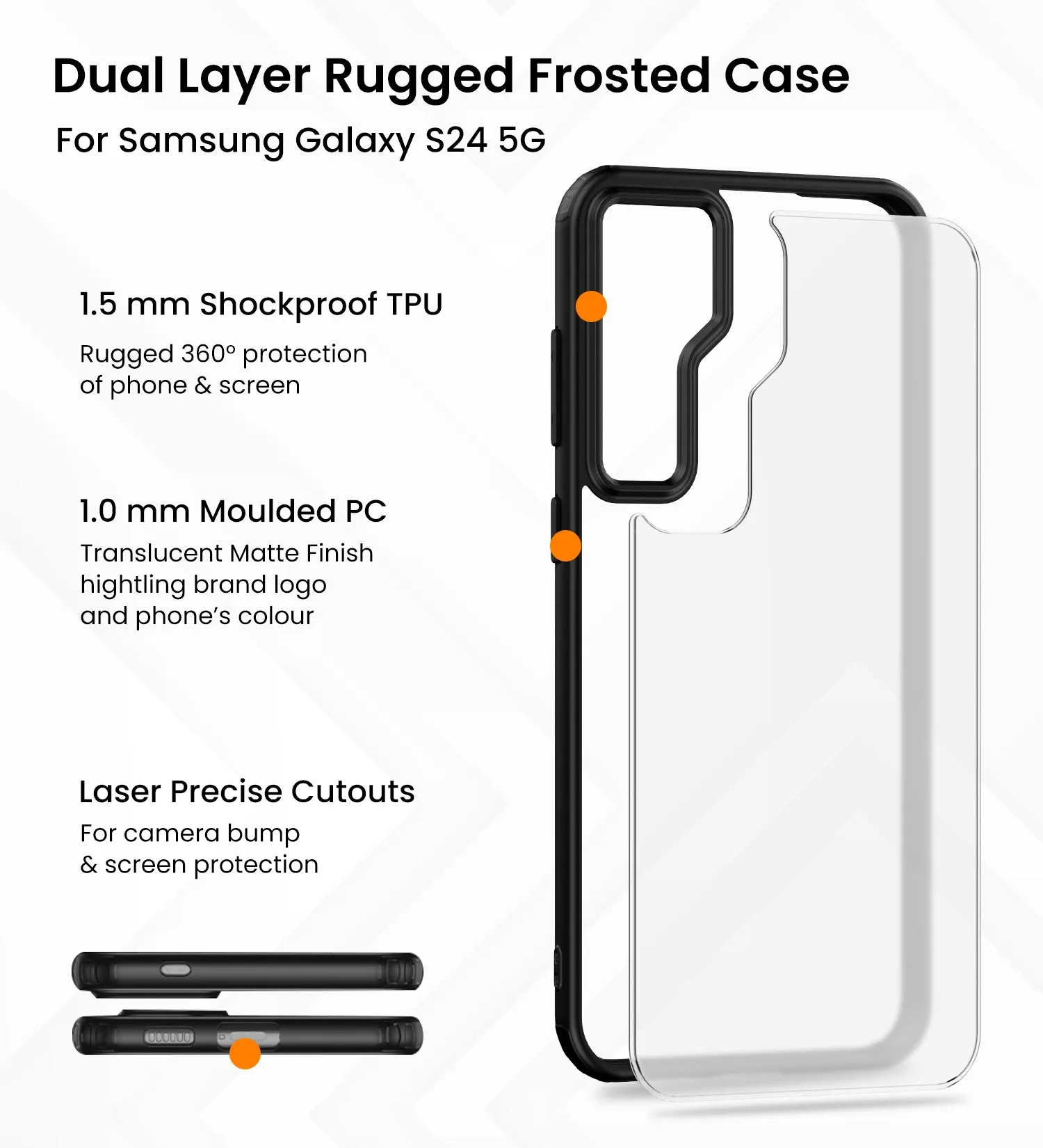Rugged Frosted Semi Transparent PC Shock Proof Slim Back Cover for Samsung Galaxy S24 5G, 6.2 inch, Black
