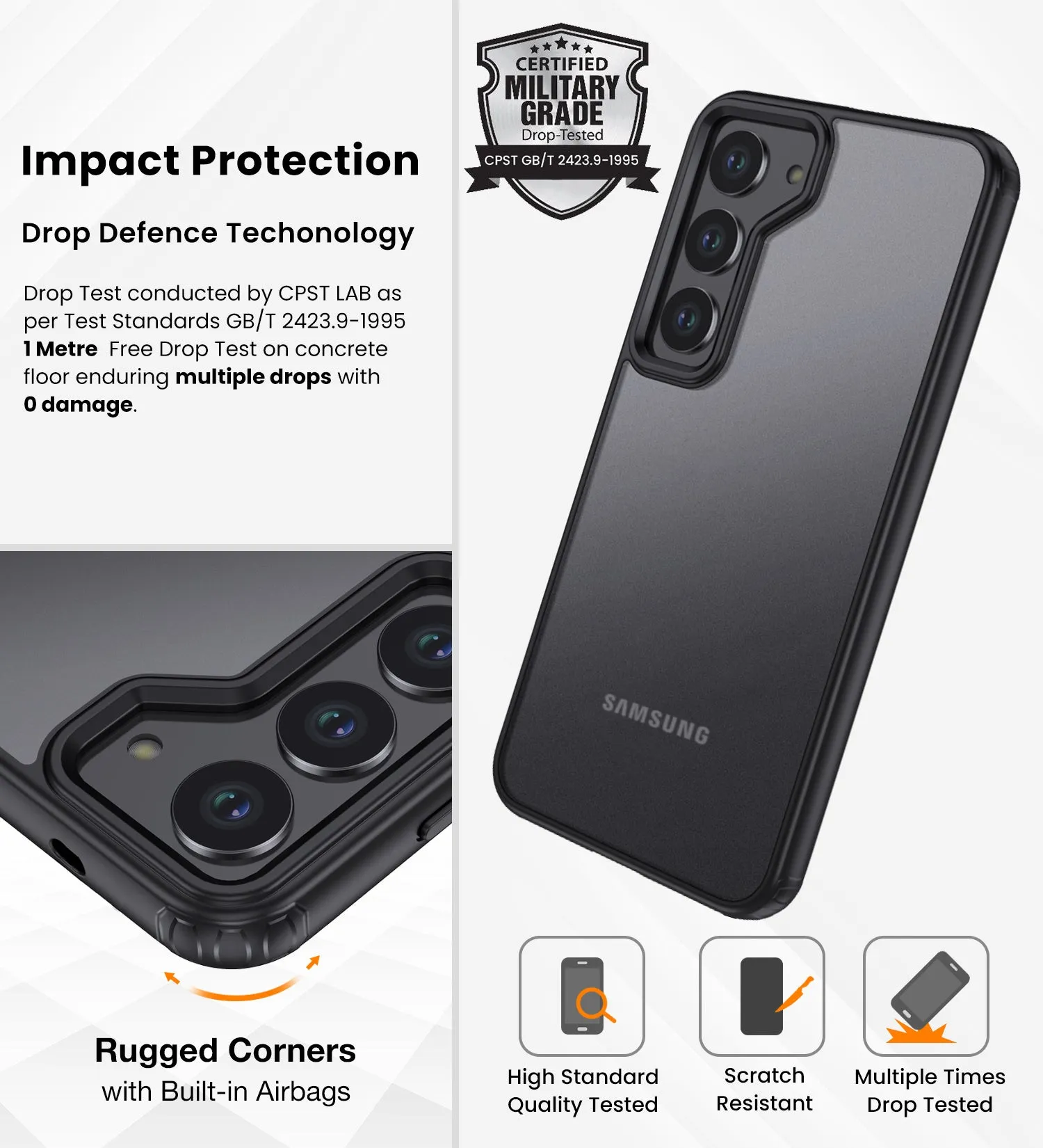 Rugged Frosted Semi Transparent PC Shock Proof Slim Back Cover for Samsung Galaxy S24 5G, 6.2 inch, Black