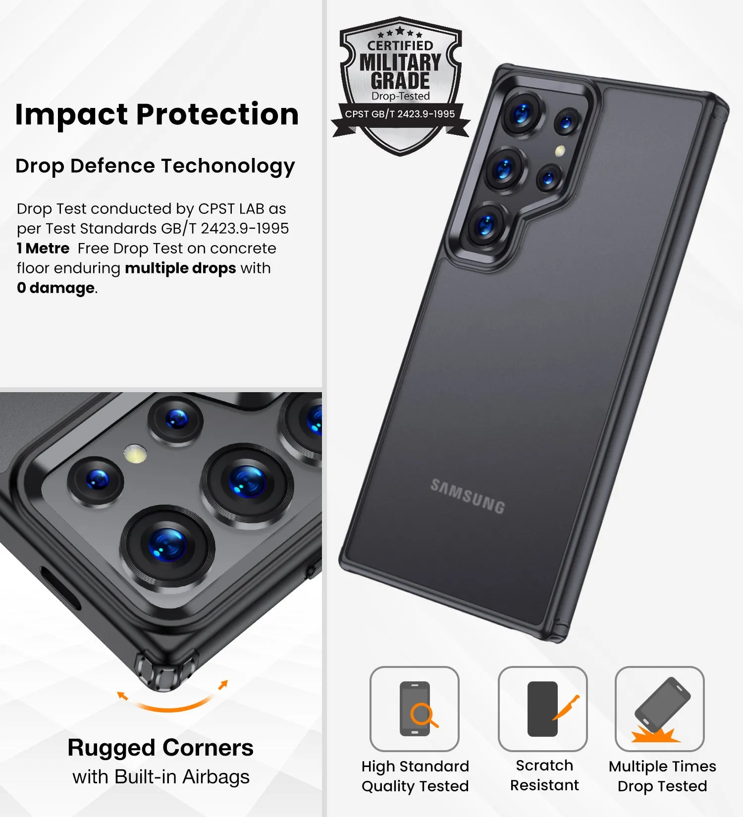 Rugged Frosted Semi Transparent PC Shock Proof Slim Back Cover for Samsung Galaxy S24 Ultra 5G, 6.8 inch, Black