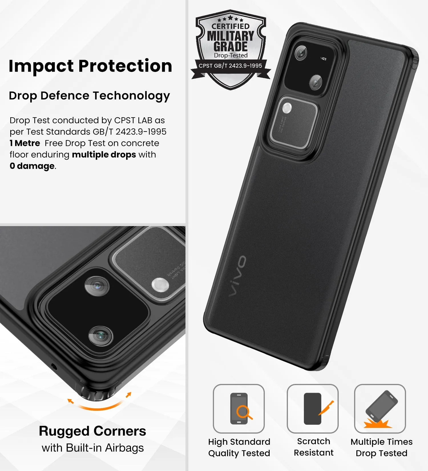 Rugged Frosted Semi Transparent PC Shock Proof Slim Back Cover for Vivo V30 5G, Vivo V30 Pro 5G, 6.78 inch, Black