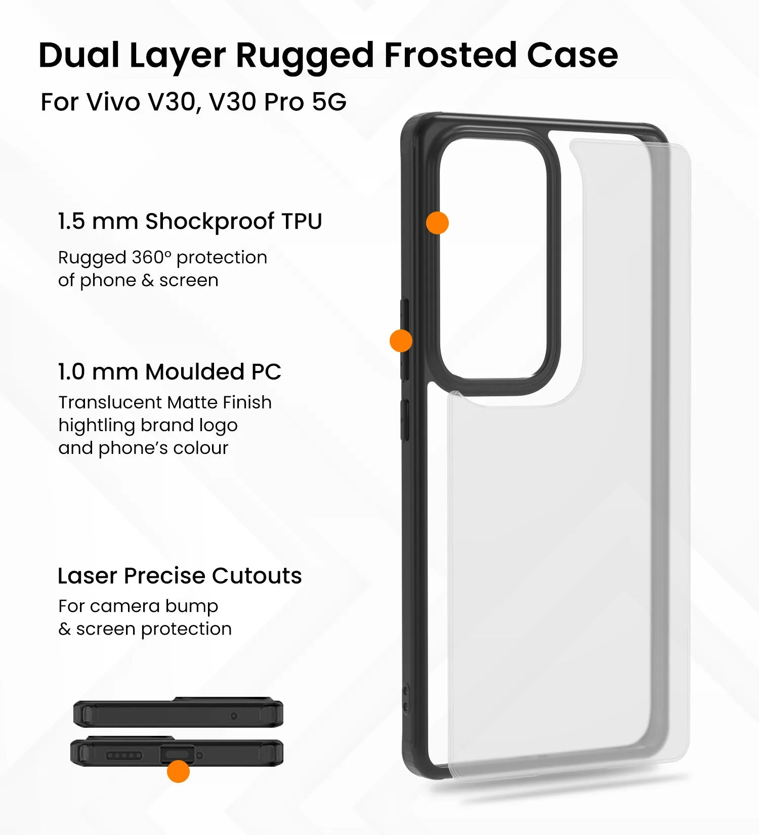 Rugged Frosted Semi Transparent PC Shock Proof Slim Back Cover for Vivo V30 5G, Vivo V30 Pro 5G, 6.78 inch, Black