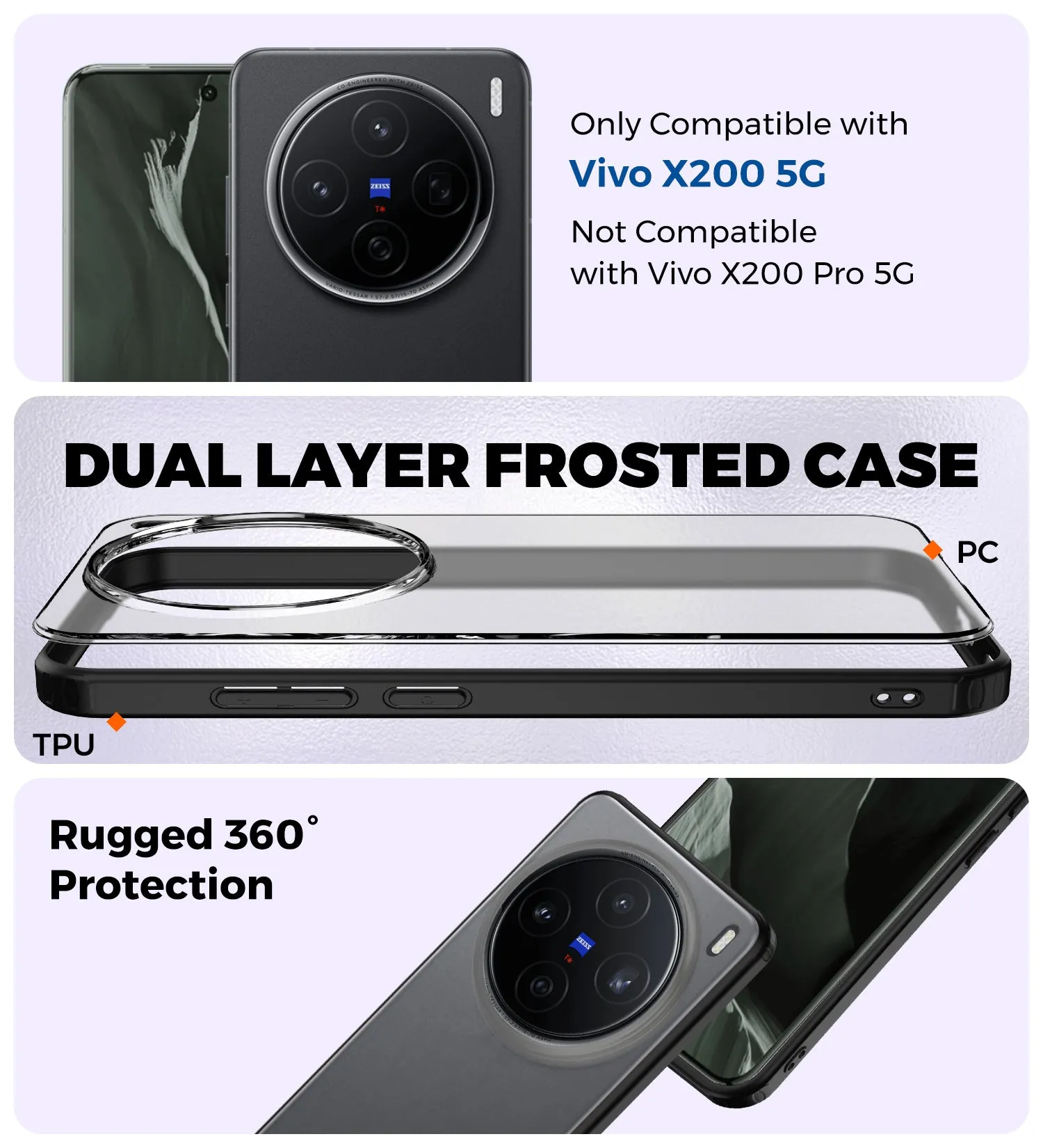 Rugged Frosted Semi Transparent PC Shock Proof Slim Back Cover for Vivo X200 5G, 6.67 inch, Black