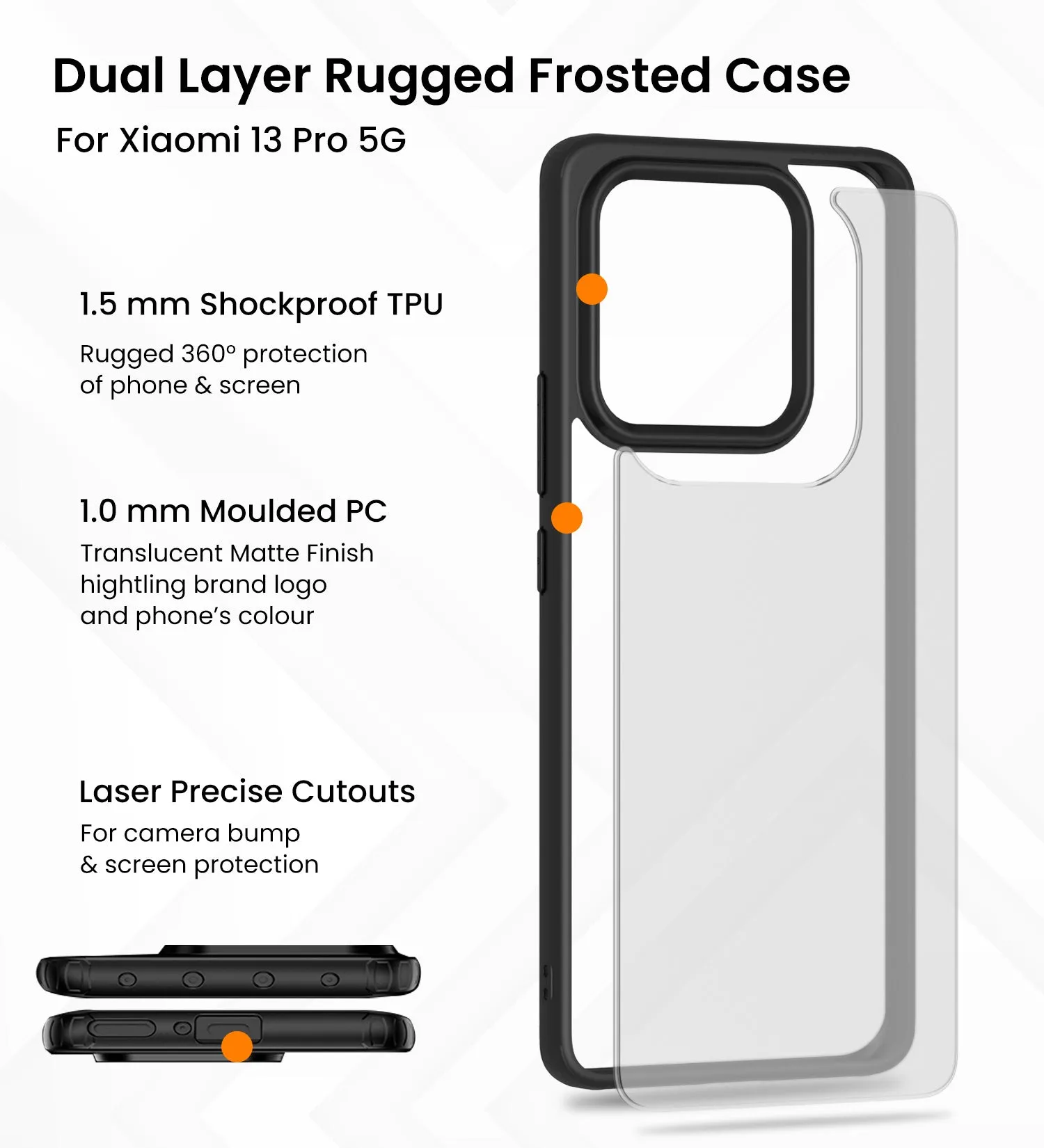 Rugged Frosted Semi Transparent PC Shock Proof Slim Back Cover for Xiaomi 13 Pro 5G, 6.73 inch, Black